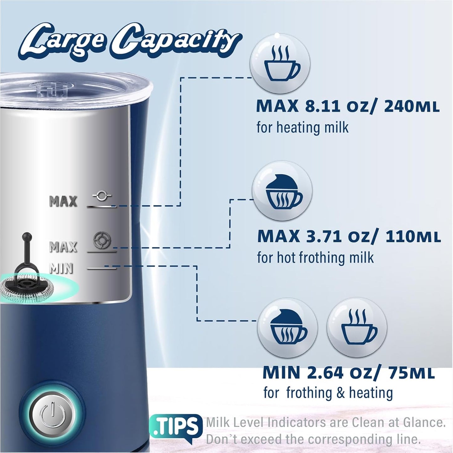 Huogary Milk Forther Simple Milk Frother and Steamer 2-in-1 Milk Steamer with Hot Milk Foam and Hot Milk for Latte, Macchiato, Cappuccinos (blue), medium