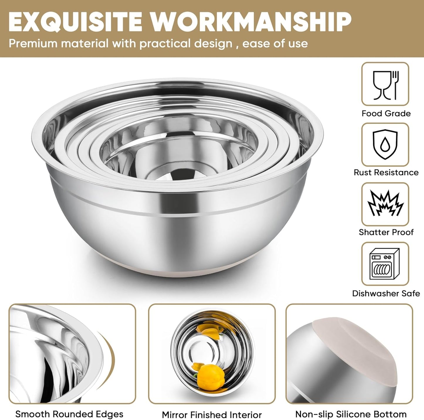 TeamFar Khaki Mixing Bowls, Stainless Steel Metal Nesting Salad Bowls with Airtight Lids Set of 5, Healthy & Heavy Duty, Non-slip Bottom & Airtight Lid, 7/3.5/2.5/1.5/1 QT