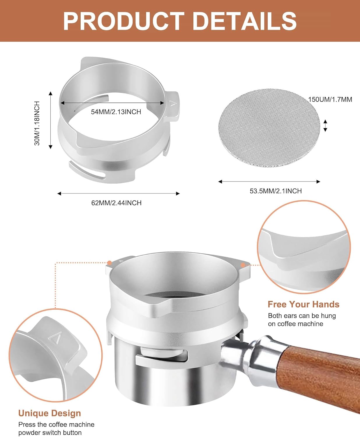 54mm Coffee Dosing Funnel, Hands-Free Aluminum Dosing Ring & 53.5mm Stainless Steel Puck Screen, Espresso Accessories suitable for 54mm Breville Barista Portafilters, with Grinding Trigger