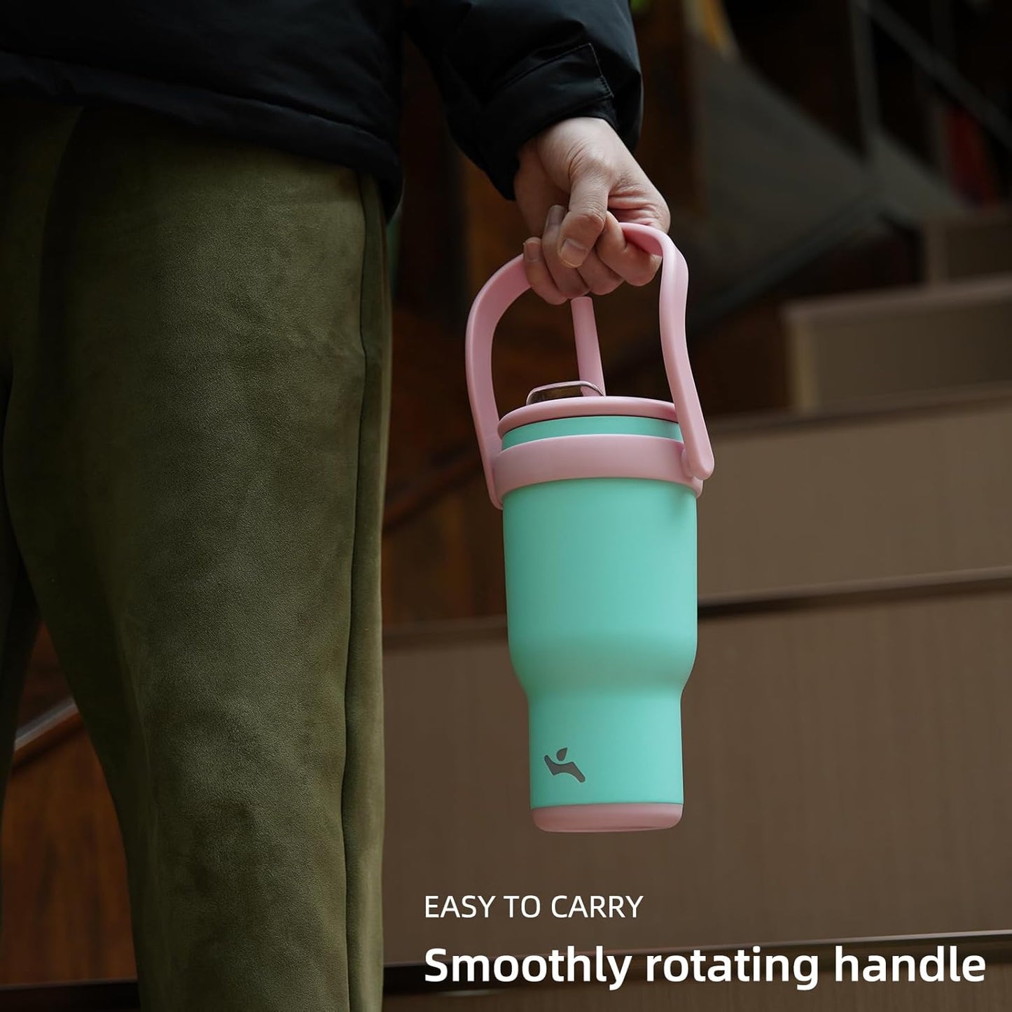 30 oz Tumbler with Side Handle, Insulated Water Bottle with Straw and 2 in 1 Lid, Stainless Steel Cup Travel Coffee Mug for Sports Office Gym,Guava