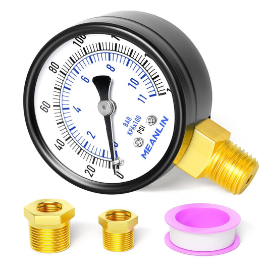 MEANLIN MEASURE 0-160Psi 2" DIAL FACE 1/4" NPT Well Pump Pressure Gauge, with 1/2" NPT and 3/8" NPT Hex Bushing, 3-2-3% Accuracy, Lower Mount