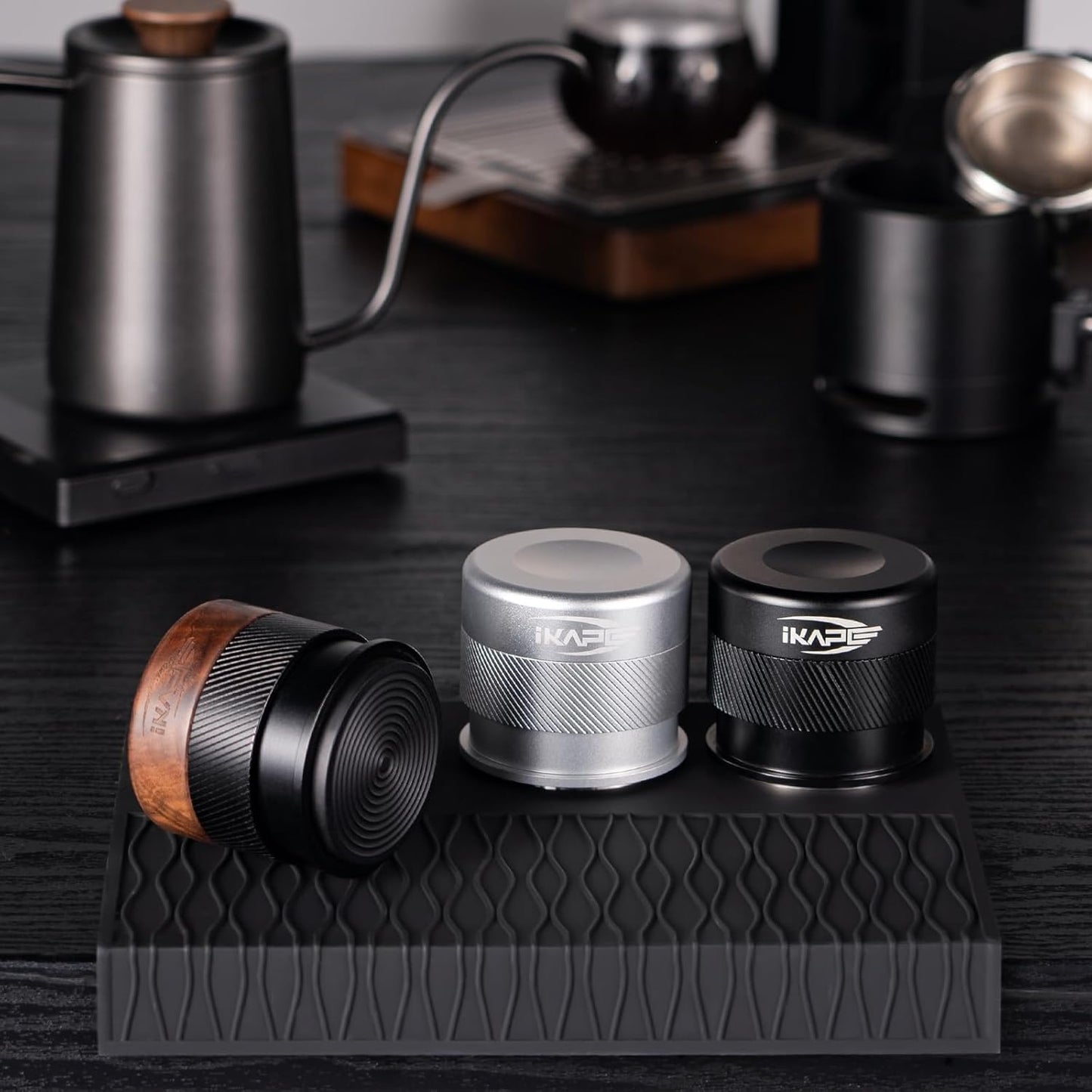 IKAPE 53MM Espresso Tamper, New Wooden Handle Design，Premium Barista Coffee Calibrated Tamper with Spring Loaded, 100% Stainless Steel Tamper Compatible with All 54MM Bottomless Portafilter