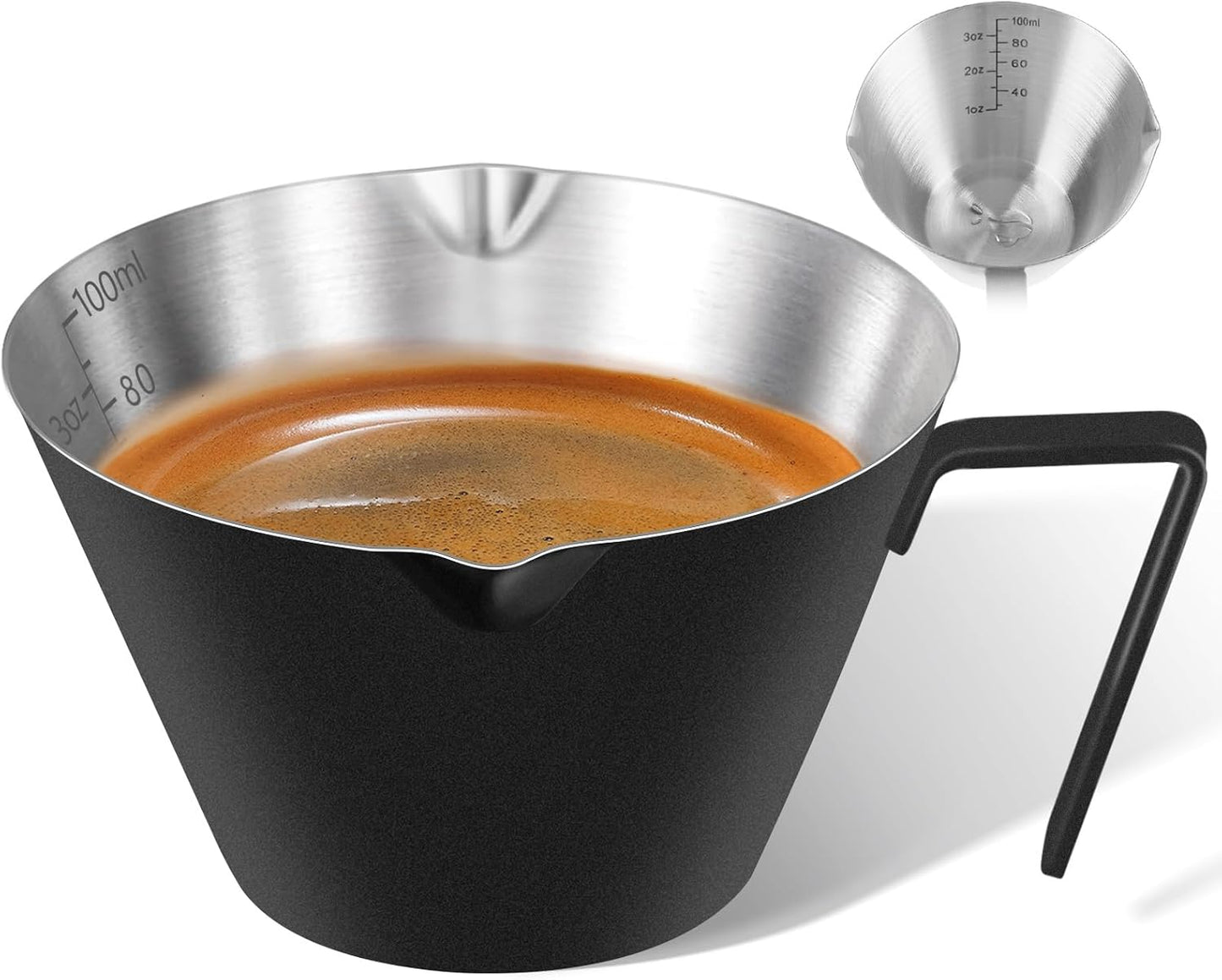 1Pc Stainless Steel Espresso Cups, Double Spout Metal Measuring Cup with Dual Scale, Espresso Shots Cup with Handle, Coffee Bean Weighing (Black), 3.4oz/100ml