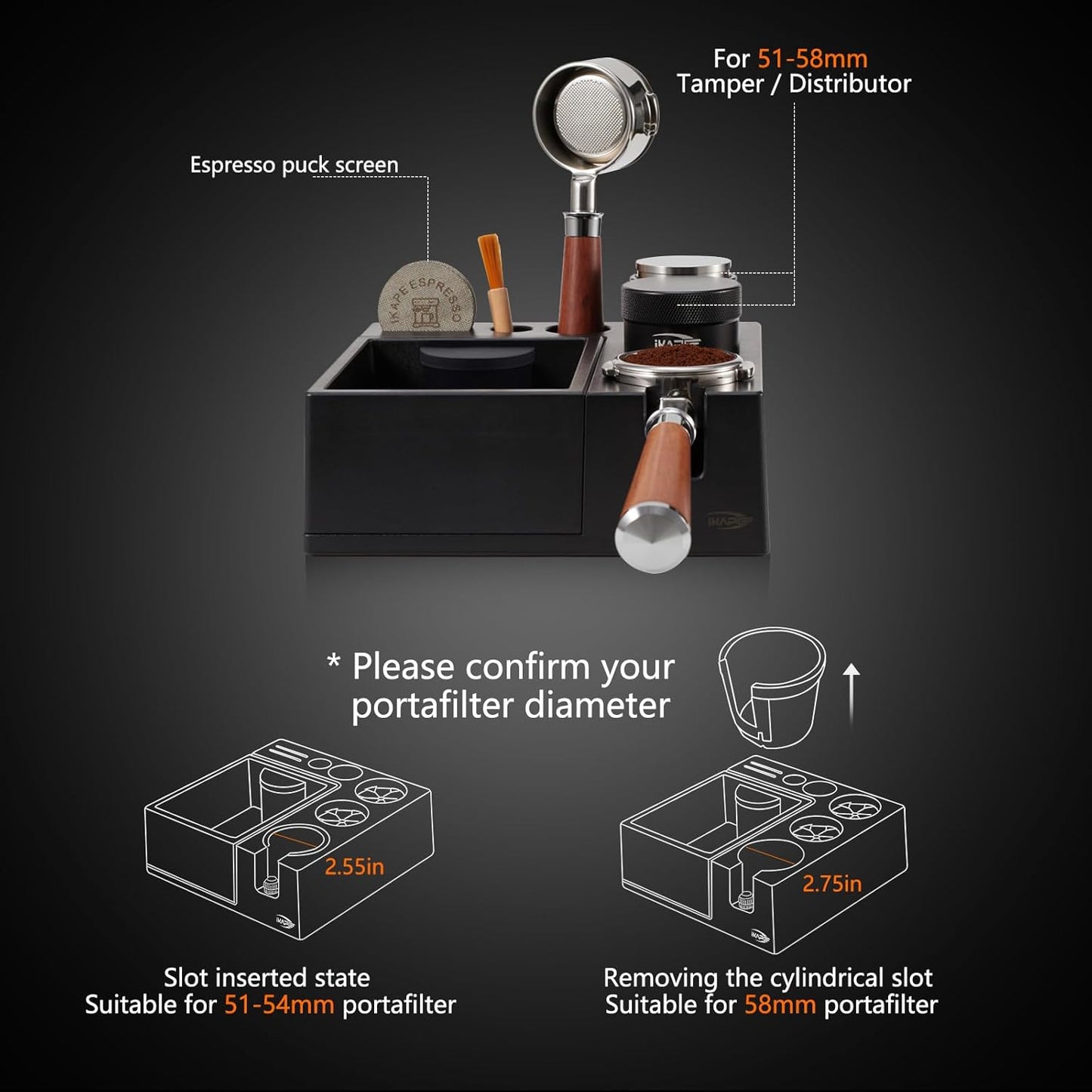 IKAPE Espresso Knock Box, Espresso Coffee Organizer Box Fit for Storage 51, 54, 58MM Espresso Tamper, Distributor, Portafilter & Puck Screen Accessories, Plastic Station Base(Black)