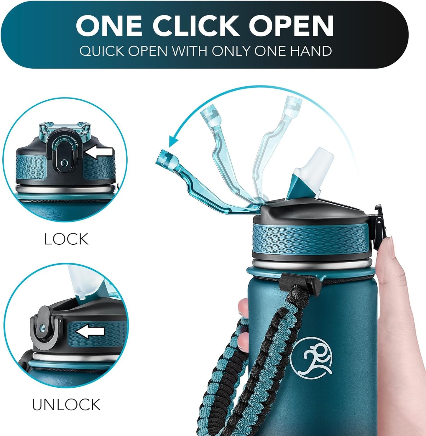 GOSWAG Insulated Sports Water Bottle, 24oz 2 Lids(with Straw/No Straw), Stainless Steel Water Bottles with Paracord Handle, Insulated Bottle with Double-Wall Vacuum Insulation