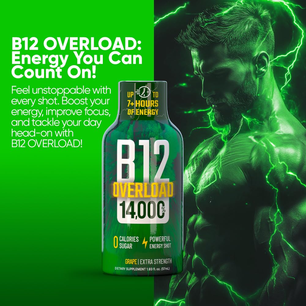 B12 Overload Extra Strength Energy Shot – Grape – 260mg Caffeine, 14000% B12, Electrolytes – Energy & Vitality Support – Zero Sugar No Calories – Vegan, Kosher, Gluten-Free – 1.93 fl oz, 12-Pack