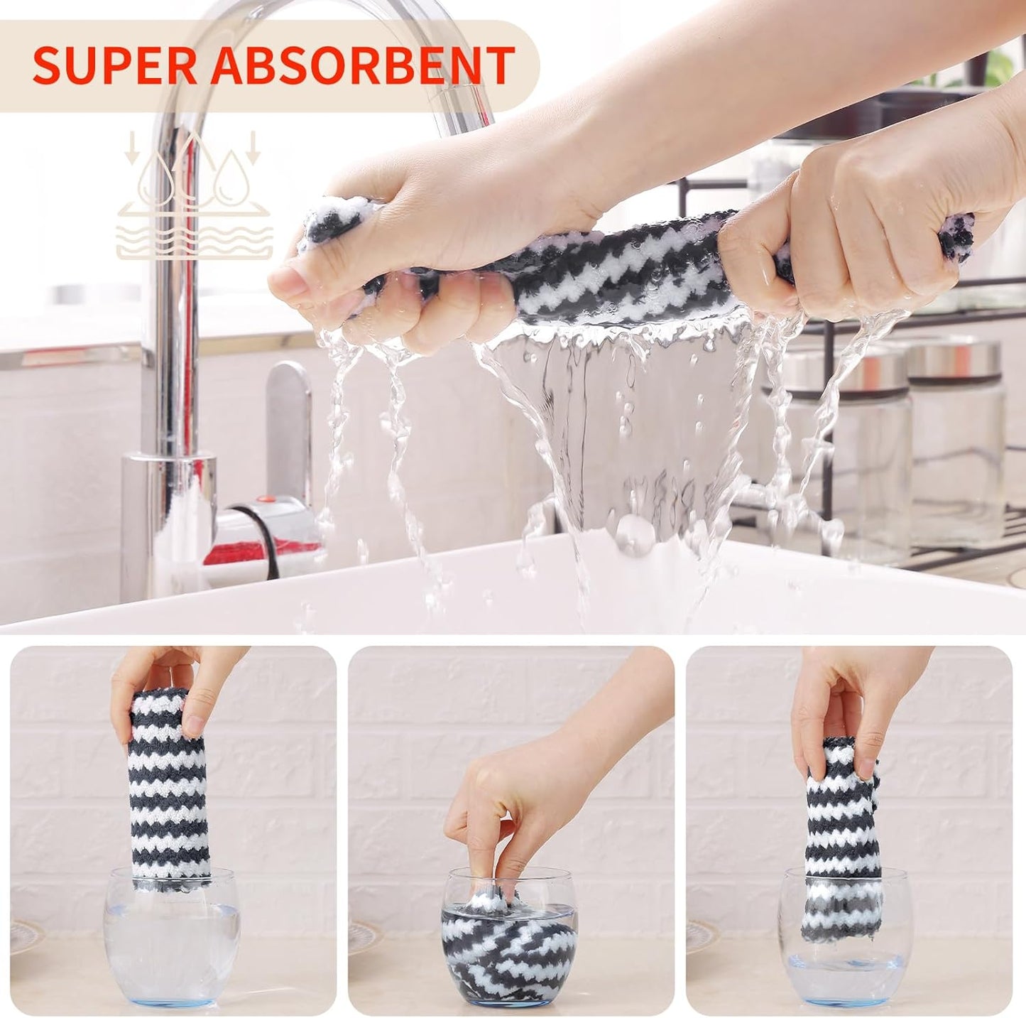 Homaxy Kitchen Towels(24 Pack, 10 x 20 inches), Ultra Soft and Absorbent Dish Towels, Reusable Fast Drying Microfiber Cleaning Cloth, Coral Velvet Wave Design No-lint, Dark Grey