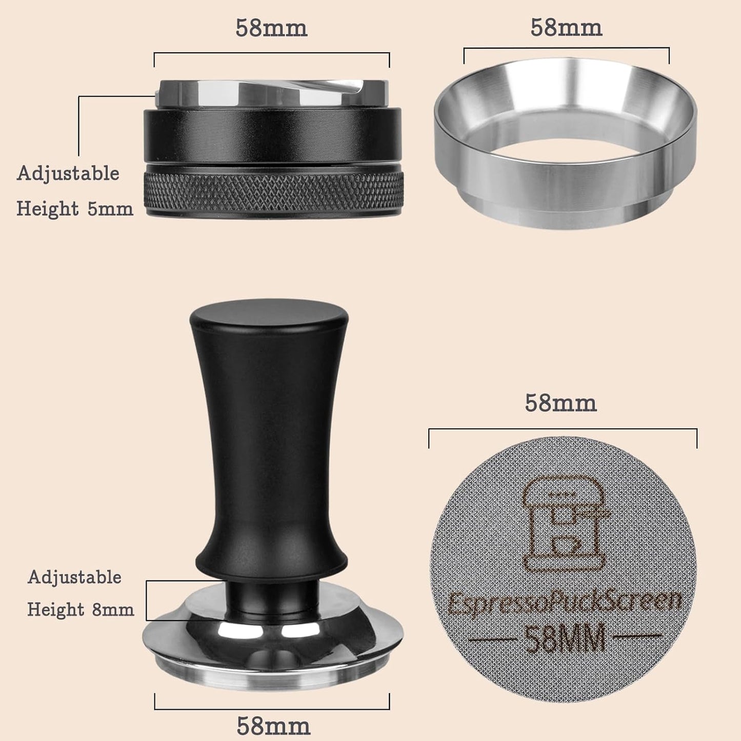 58mm Espresso Tamper Set - Spring-loaded Coffee Tamper, Adjustable Depth Espresso Distributor Leveler, Magnetic Dosing Funnel Aluminum Metal, Reusable Puck Screen, Fit for 58mm Portafilters