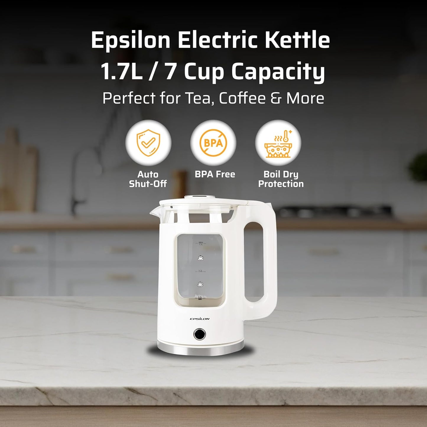 Epsilon 1.7L Glass Electric Kettle – Hot Water Tea Kettle with LED Light, Stainless Steel & Borosilicate Glass, Auto Shut-Off, BPA-Free Electric Teapot, 1500W Fast Boil, Cool Touch