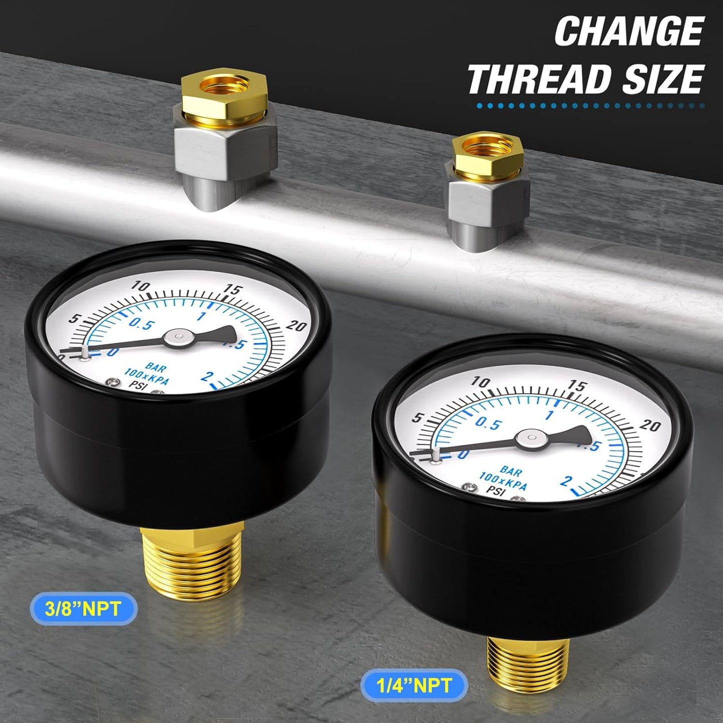 MEANLIN MEASURE 0-30Psi 2" DIAL FACE 1/8" NPT Well Pump Pressure Gauge, with 1/4" NPT and 3/8" NPT Hex Bushing, 3-2-3% Accuracy, Center Back Mount