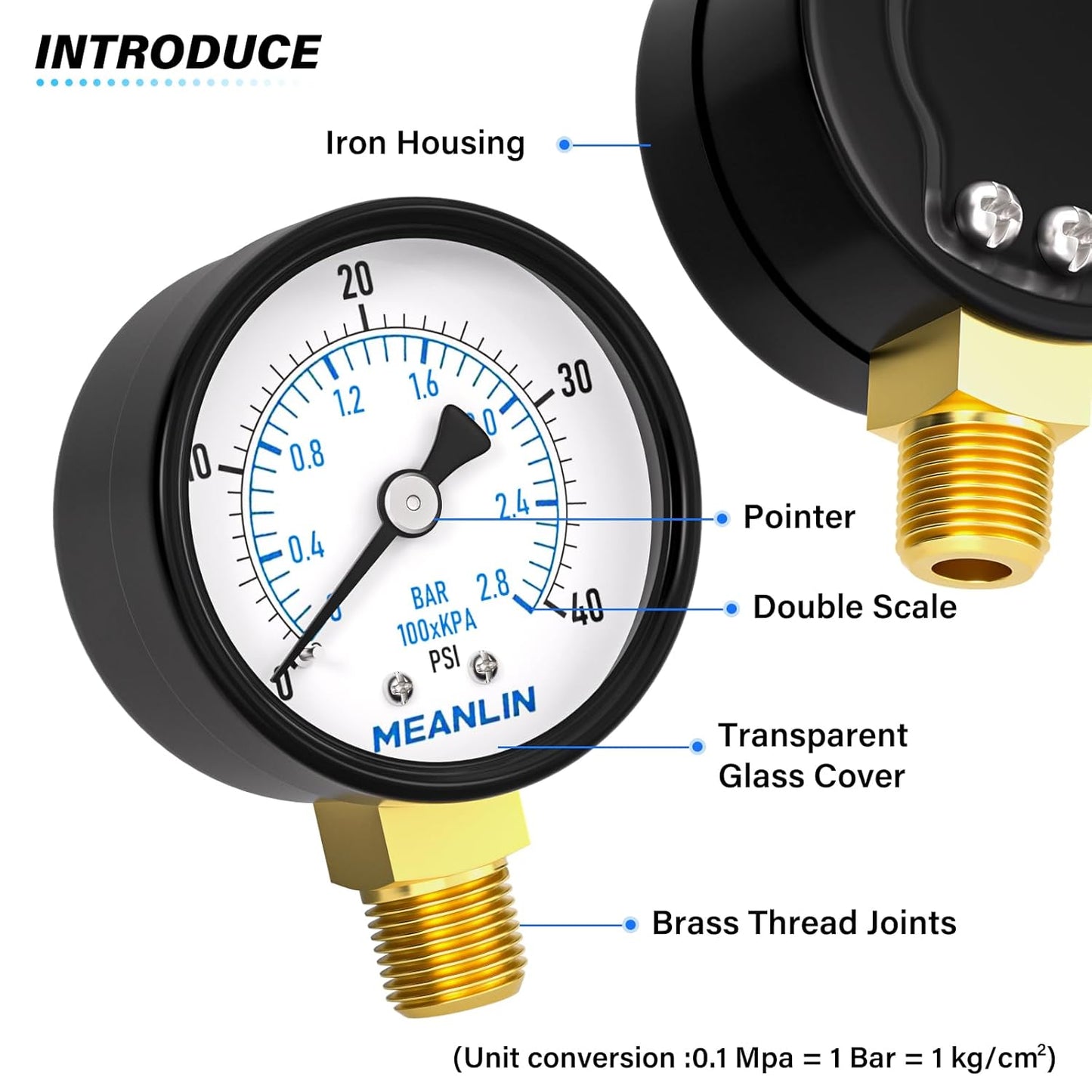 MEANLIN MEASURE 0-40Psi 2" DIAL FACE 1/4" NPT Well Pump Pressure Gauge, with 1/2" NPT and 3/8" NPT Hex Bushing, 3-2-3% Accuracy, Lower Mount