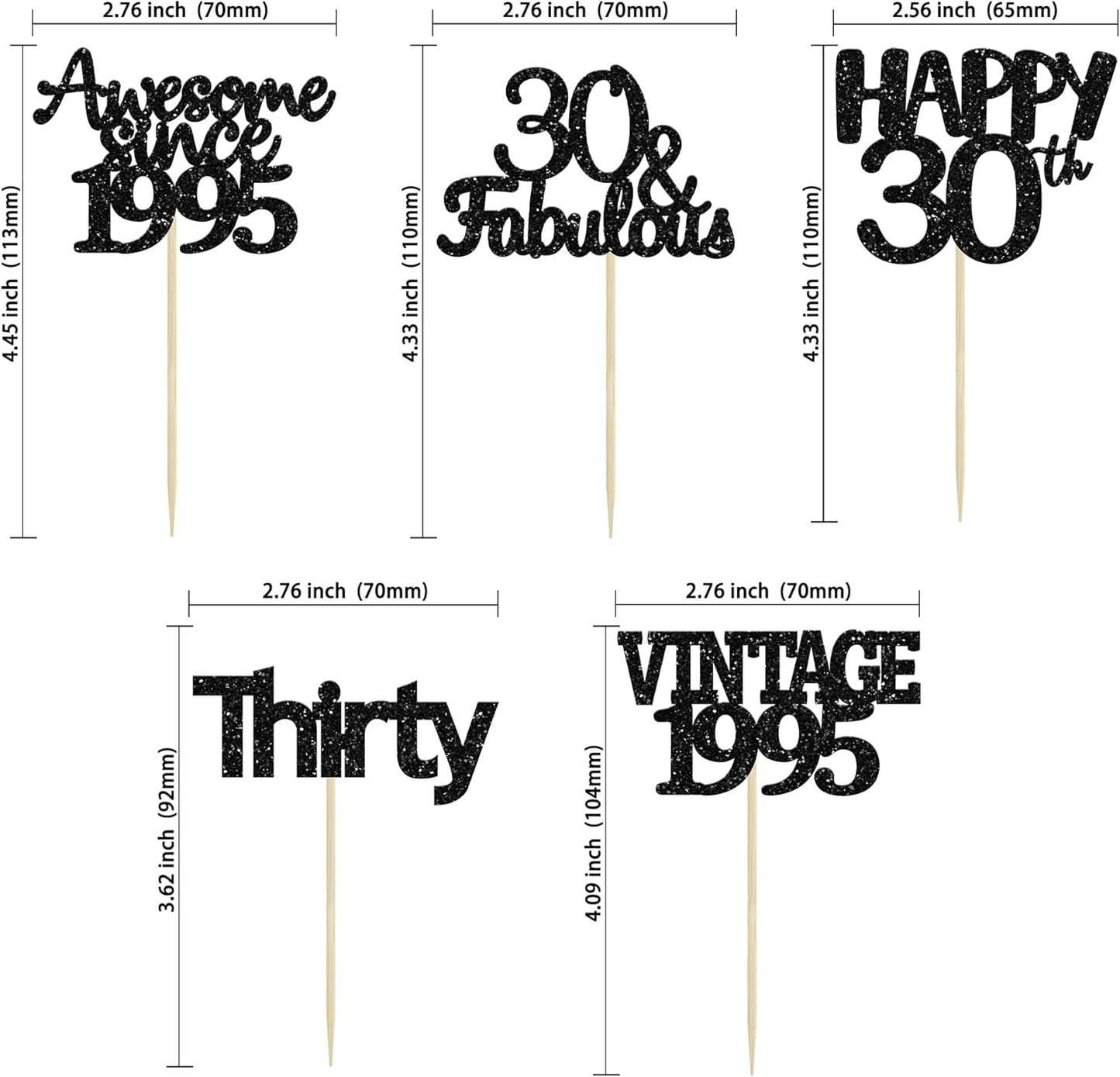 Gyufise 30Pcs Black Glitter Vintage 1995 Cupcake Toppers Awesome Since 1995 Cake Decorations Cheers to 30 Fabulous Thirty Cupcake Picks 30th Birthday Wedding Anniversary Party Cake Decorations