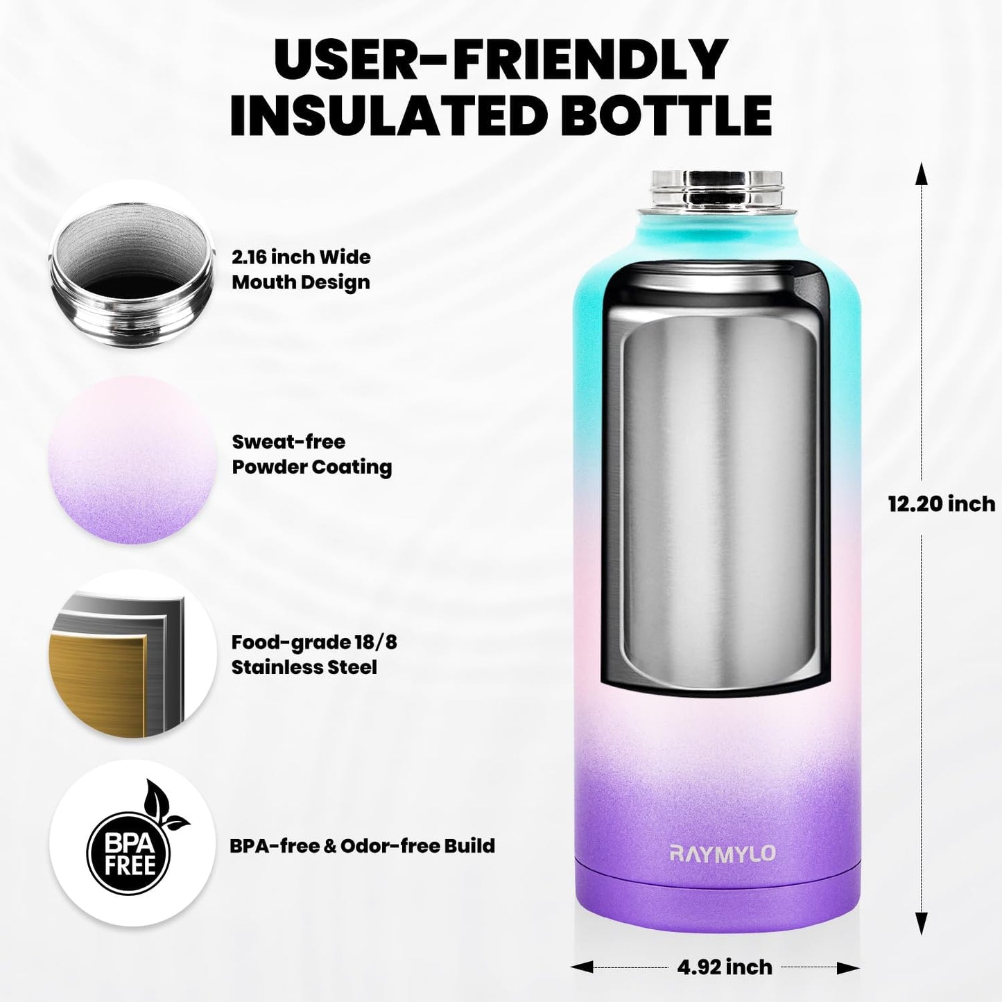 Insulated Water Bottle 87 oz, Triple Wall Vacuum Stainless Steel (Cold for 48 Hrs), Leak Proof & Non-BPA, Modern Water Flask Jug with Paracord Handle & Straw Spout Lids, Hydrangea