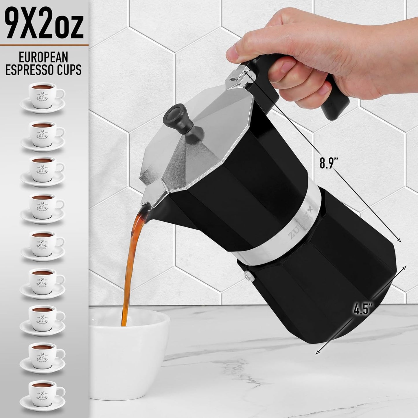Zulay Moka Pot Espresso Stovetop Coffee Maker - Leak-Proof, Stainless Steel, Easy to Clean, Heat Resistant Handle & Knob - for Authentic Cuban & Italian Style Espresso - Makes 9 Espresso Cups - Black