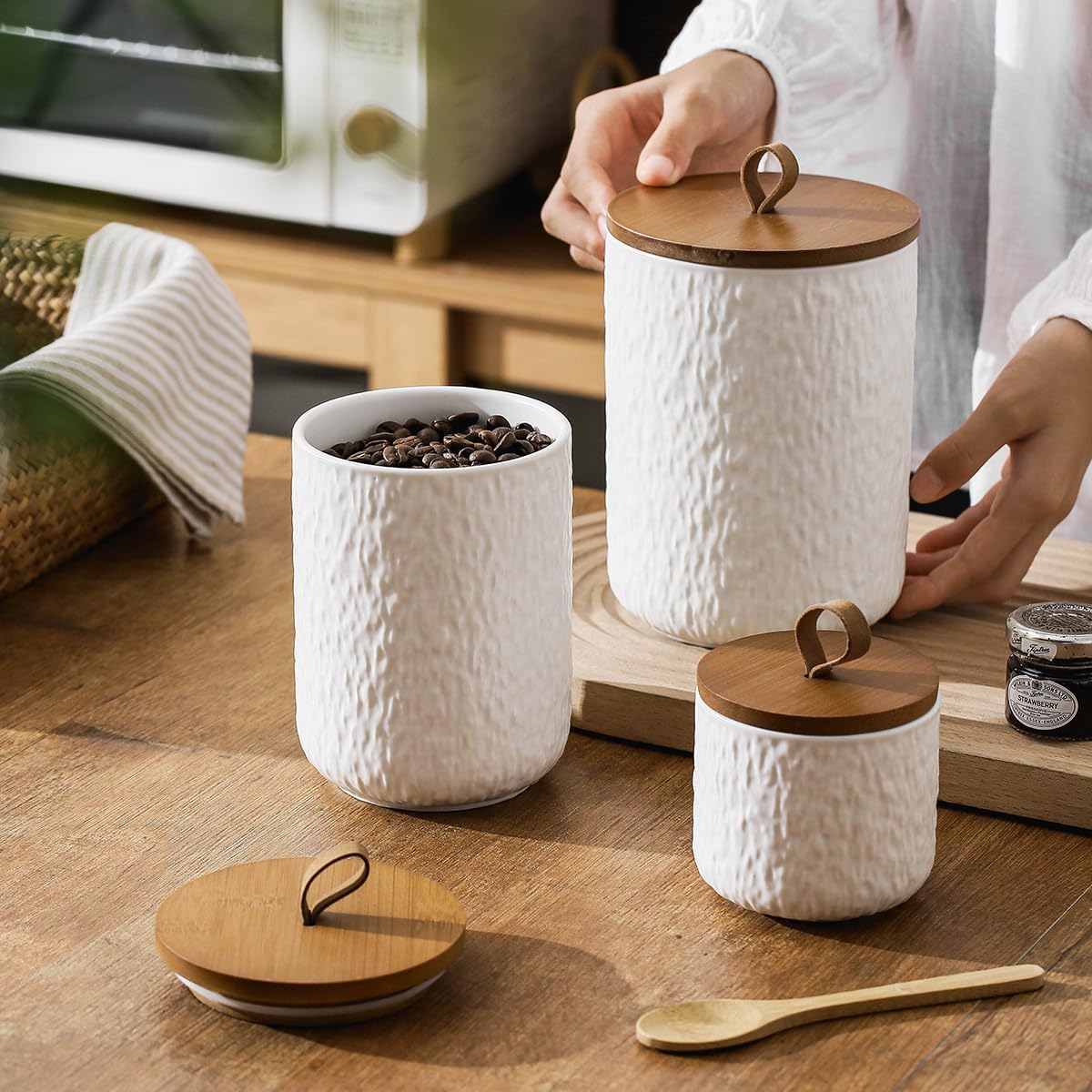 Black White Ceramic Coffee Canister Tea Canister with Seal Wood Lid, Airtight Coffee Storage Container for Coffee Bean, Ground Coffee, Sugar, Cookie Candy jar (White, 1300ml)