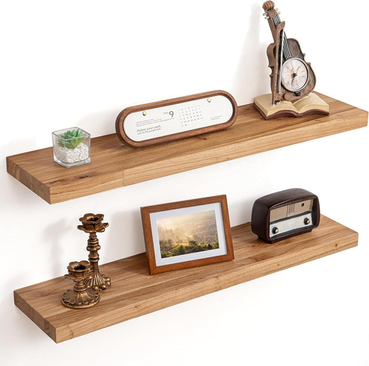 Floating Shelves for Wall Decor, 8" Deep Rustic Solid Elm Wood Floating Shelves Wall Mounted, Wall Shelves with Invisible Bracket for Living Room Bathroom Bedroom Kitchen, 32 Inch Set of 2, Natural