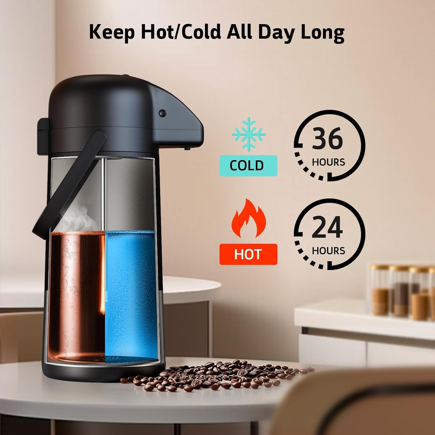 Airpot Coffee Carafe for Keeping Hot - 102 OZ/ 3L Large Coffee Dispenser with Pump - Insulated Stainless Steel Thermos Urn for Hot Drinks Water Tea - Thermal Beverage Dispenser for Parties