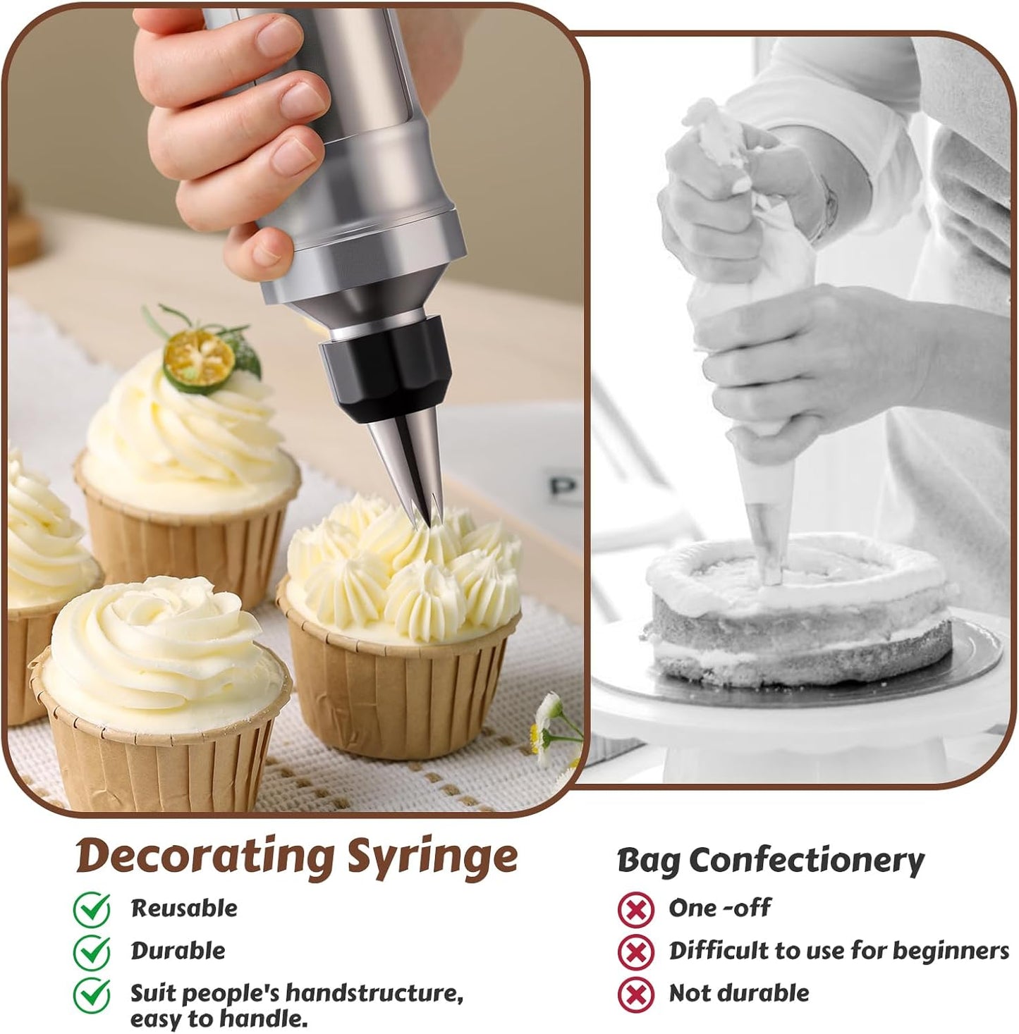 Dessert Decorating Syringe Set, Stainless Steel Frosting & Icing Piping Kit with 6 Tips and 9 Silicone Cupcakes,3 Cream Scraper for Cake Decorating Tools Cupcake Decorating Kit