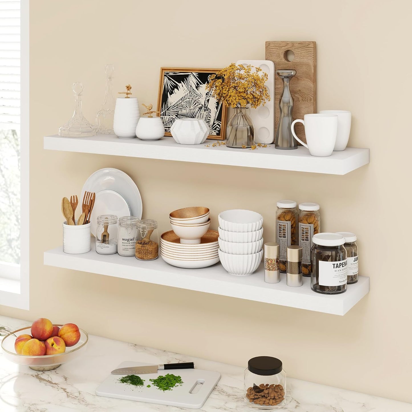 40 Inch Floating Shelves, 9.3" Deep Floating Shelf Wall Mounted, 40" Wall Shelves, Rustic Deep Bookshelf, Large Display Shelves & Storage Shelves for Bedroom, Living Room, White, Set of 2