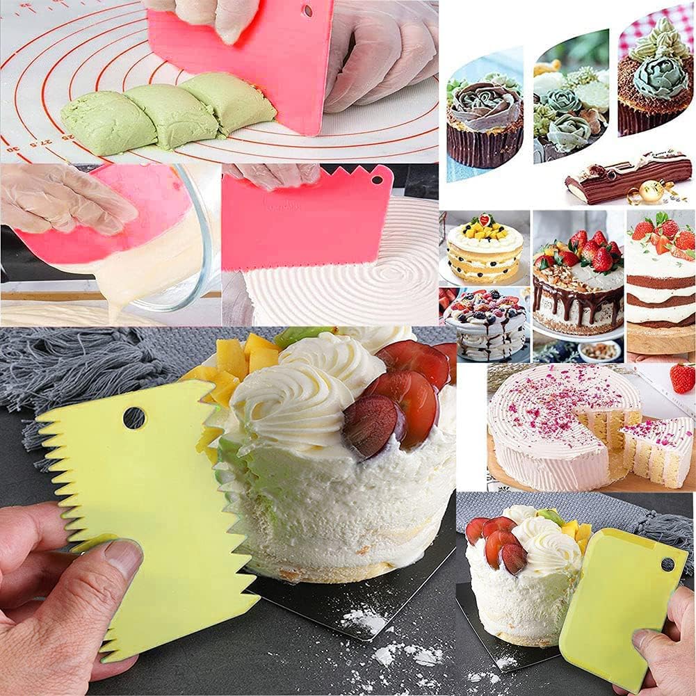 Cake Scraper Cake Decorating Comb,Cake Scraper Smoother,Flexible Plastic Dough Scraper For Bread Making,Reusable Pastry Pizza Dough Cutter Tool For Baking Cake Edge Stripe Decorating(6Pcs,Red,Yellow)
