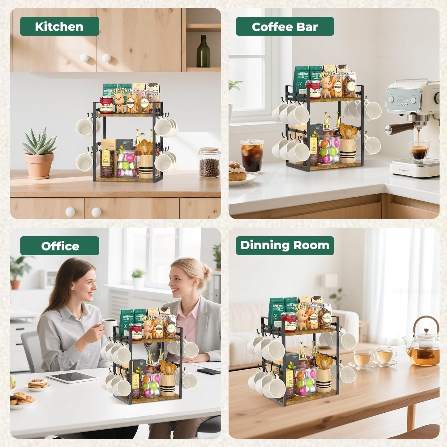 EsLuker.ly 2 Tier Coffee Mug Holder Station Bar Organize Countertop, Mug Cup Tree Rack for Kitchen Office, Storage Shelf with 12 Removable Hooks, Creat Stylish Coffee Corner