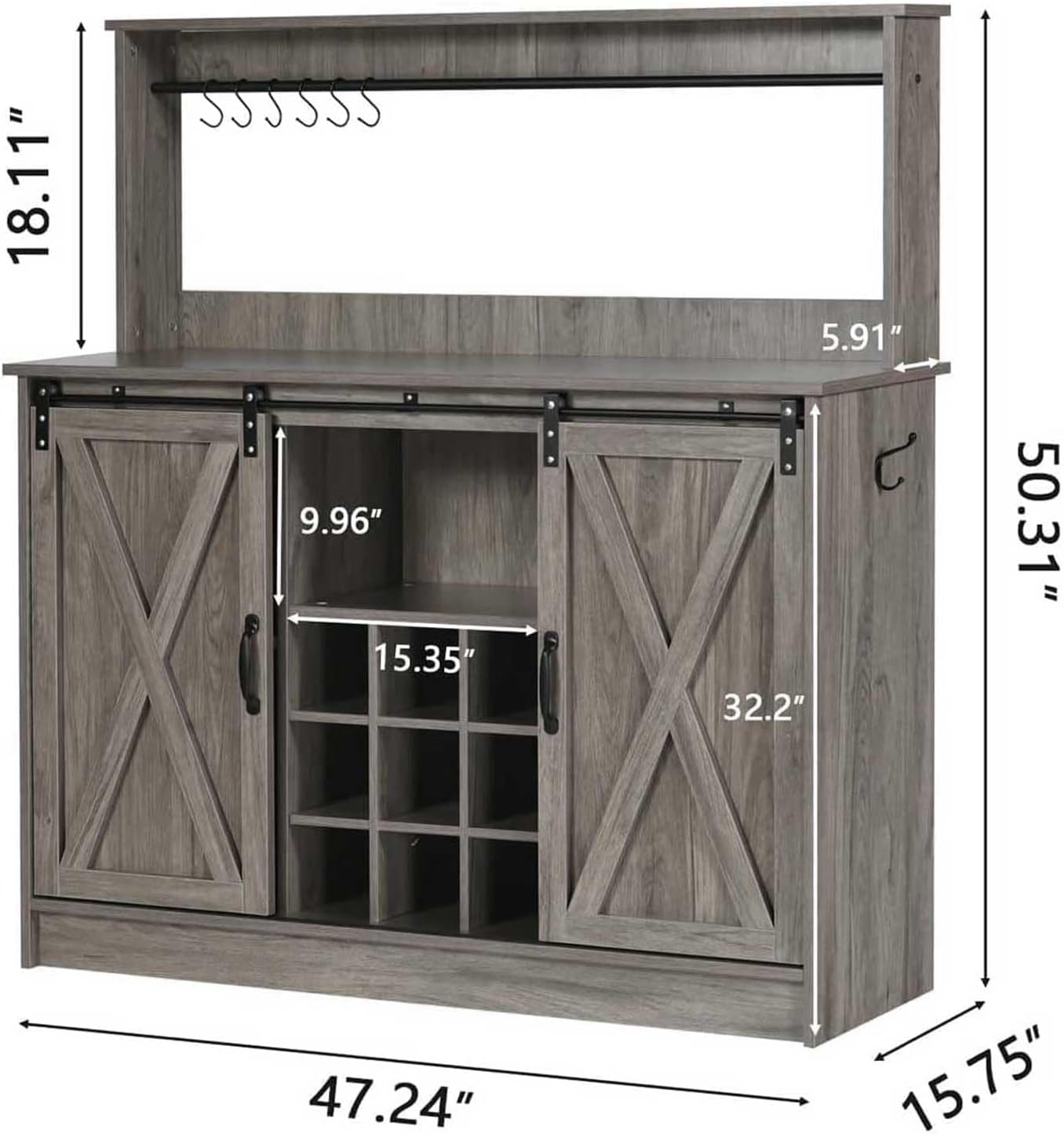4ever2buy Farmhouse Coffee Bar Cabinet with Sliding Barn Doors, 50 Inch Coffee Bar Hutch with 6 Hooks and 9 Mug Rack, Hutch Cabinet with Storage for Living Room, Wash Grey