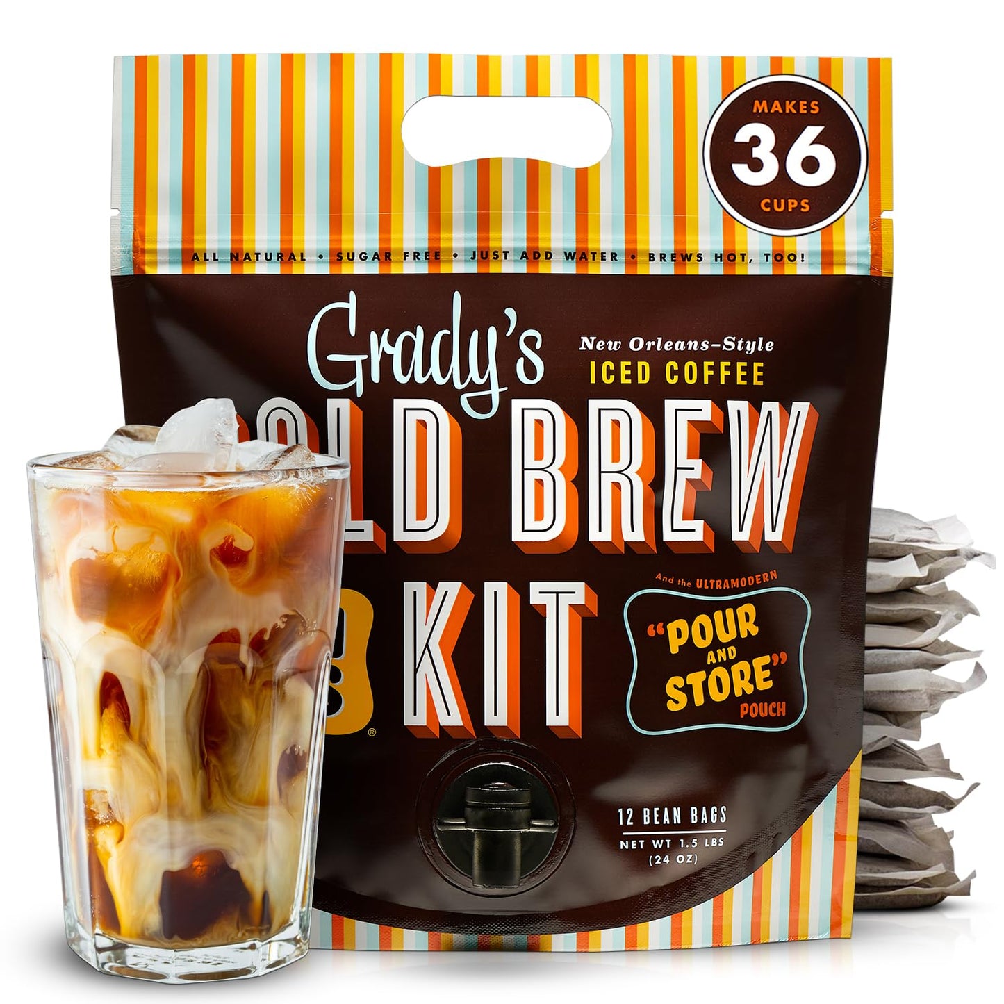 GRADY’S COLD BREW, New Orleans Style, 100% Arabica Ground Coffee & Chicory Pouches, 2 All-in-One Cold Brew Kits, each with 12 Easy-to-Brew Beans Bags, Makes 72 drinks