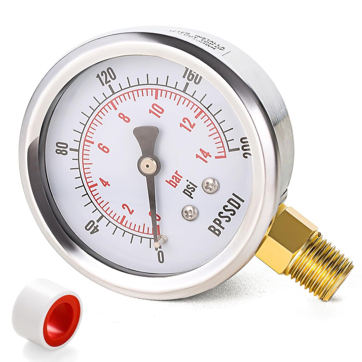 0-200 Psi Pressure Gauge, 2.5" Dial Size, 1/4" NPT Lower Mount, 304 Stainless Steel Case, Water Pressure Gauge Test for Pool Pump, Sand Filter, Air Compressor, Espresso(with Tape)