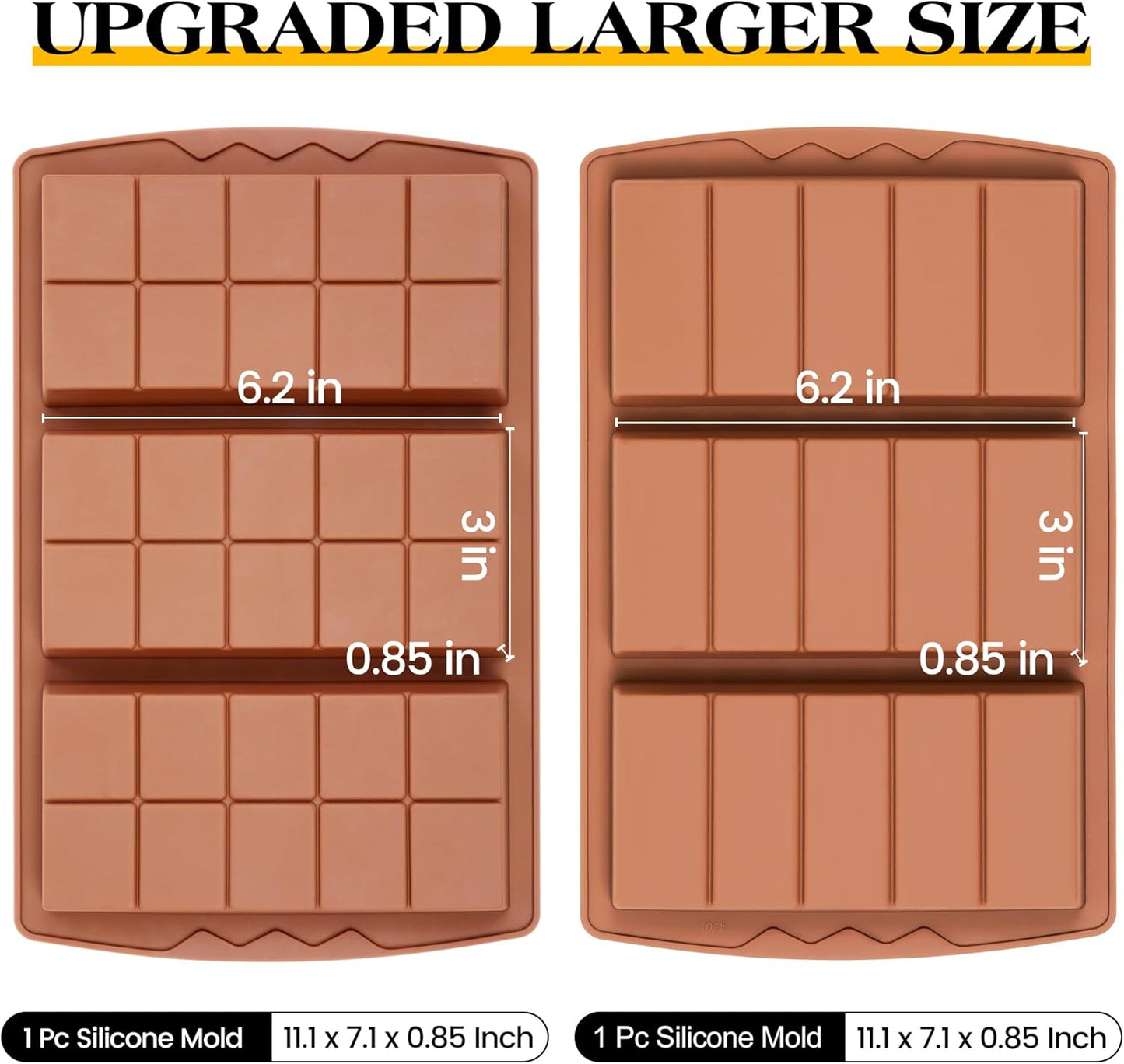 2 Pcs Chocolate Bar Mold Deep Dubai 0.85 Inch Stuffed Chocolate Molds Silicone Large Break Apart Silicone Molds (10 Snap + 5 Snap）