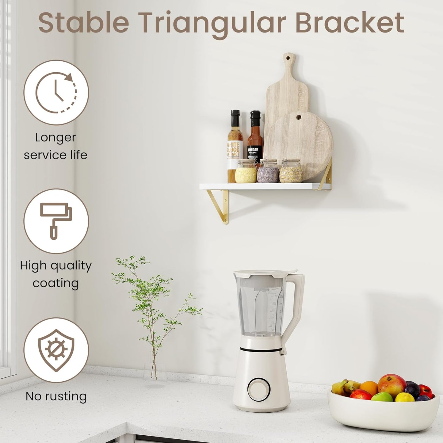 Dreamland Deep Floating Shelves for Wall, 16W x 8D Wall Mounted Shelves Set of 2, Floating Shelves Bedroom with Sturdy Metal Brackets for Living Room, Bathroom and Kitchen, White with Gold Brackets