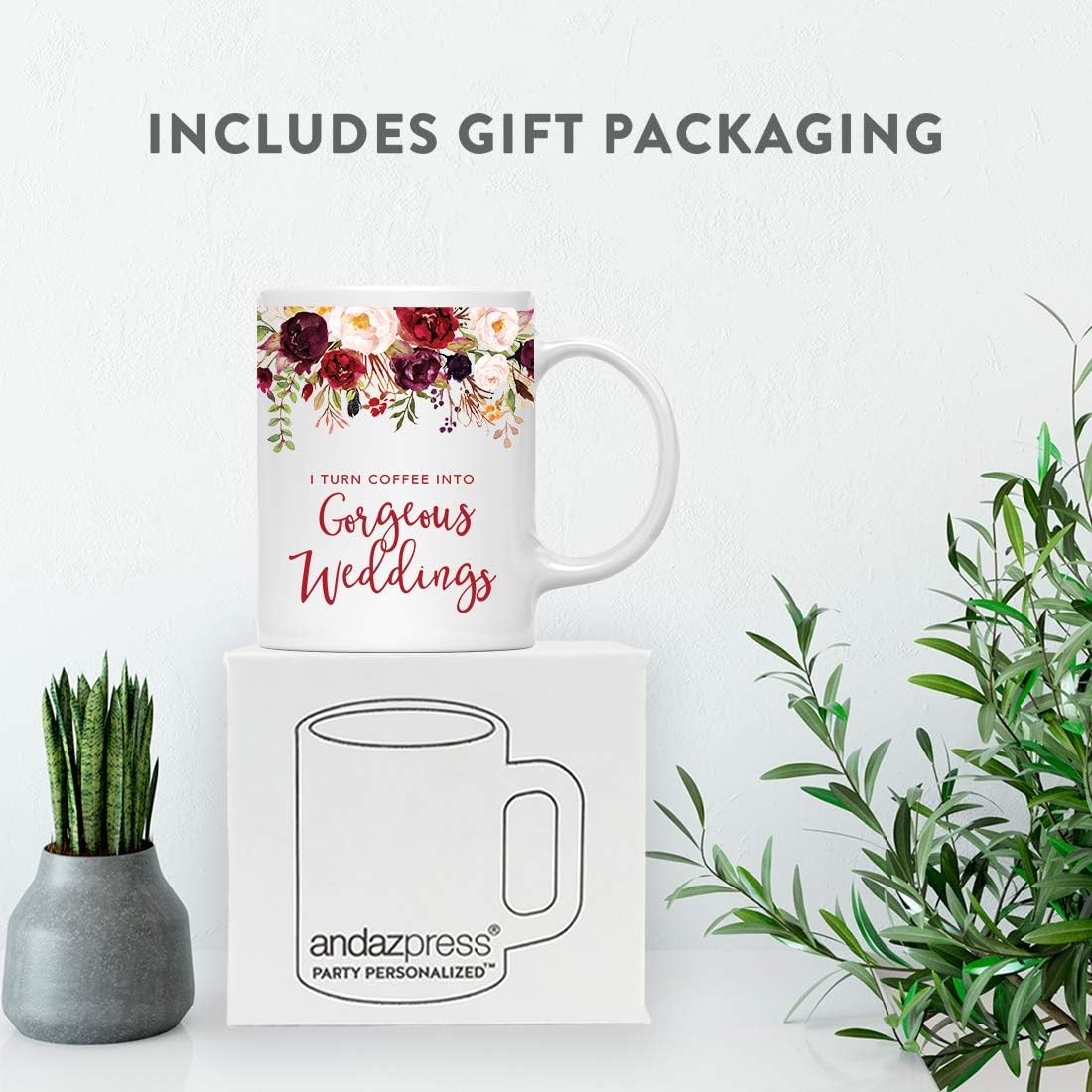 Andaz Press 11oz. Wedding Ceramic Coffee Tea Mug Gift for Wedding Planner, Fall Autumn Marsala Burgundy Flowers Roses Florals, I Turn Coffee Into Gorgeous Weddings, 1-Pack, Includes Gift Box