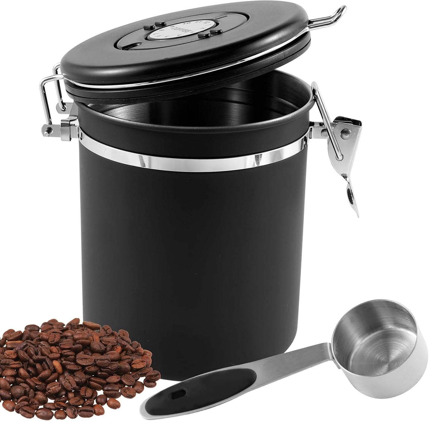4PCS Coffee Storage Canister 1.5L Double Airtight Coffee Beans Container with Date Locator 304 Stainless Steel Kitchen Food Storage Container with Spoon for Tea Sugar,Black