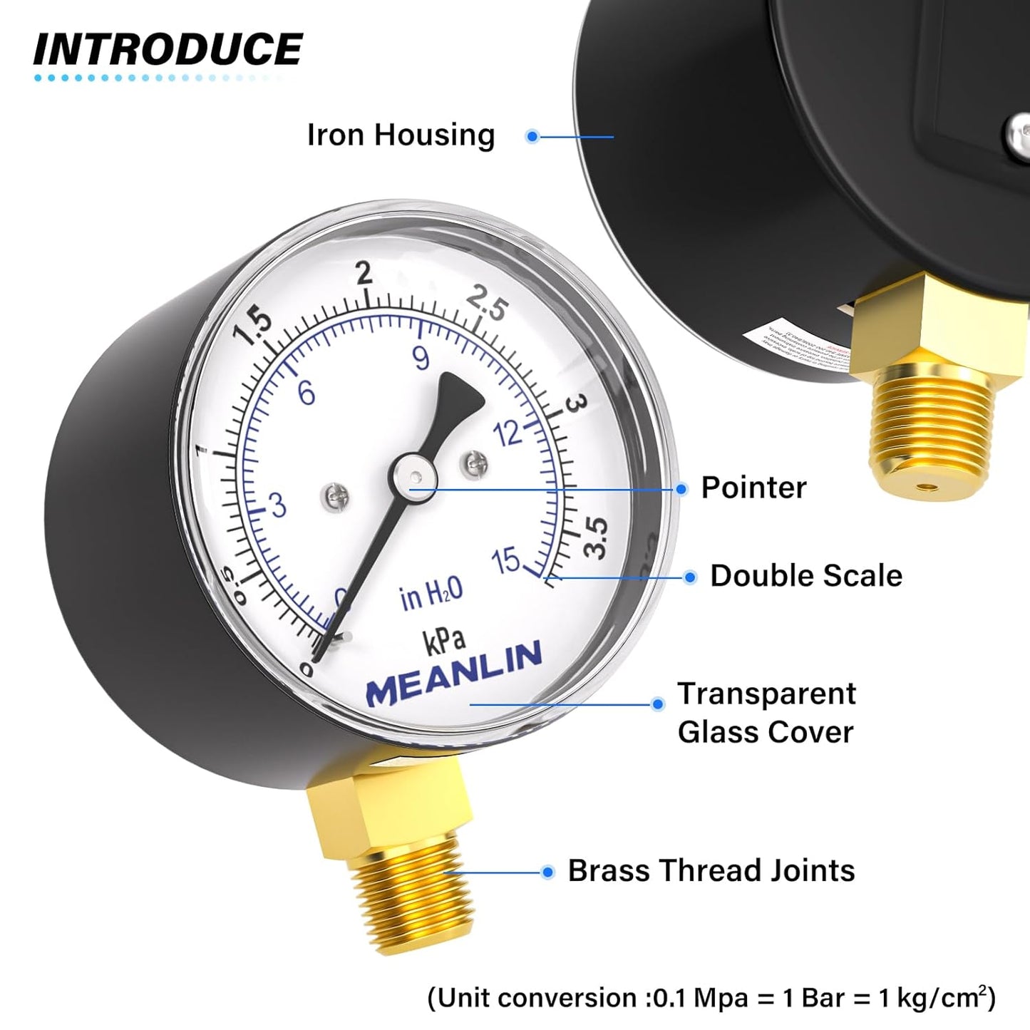 MEANLIN MEASURE 0-15 in H2O Diaphragm Type Capsule Low-Pressure Gauge, Water Column Gauge, 2.6" Dial, 1/4" NPT, Rear Adjustable Knob, with 1/2" NPT and 3/8" NPT Hex Bushing, Lower Mount