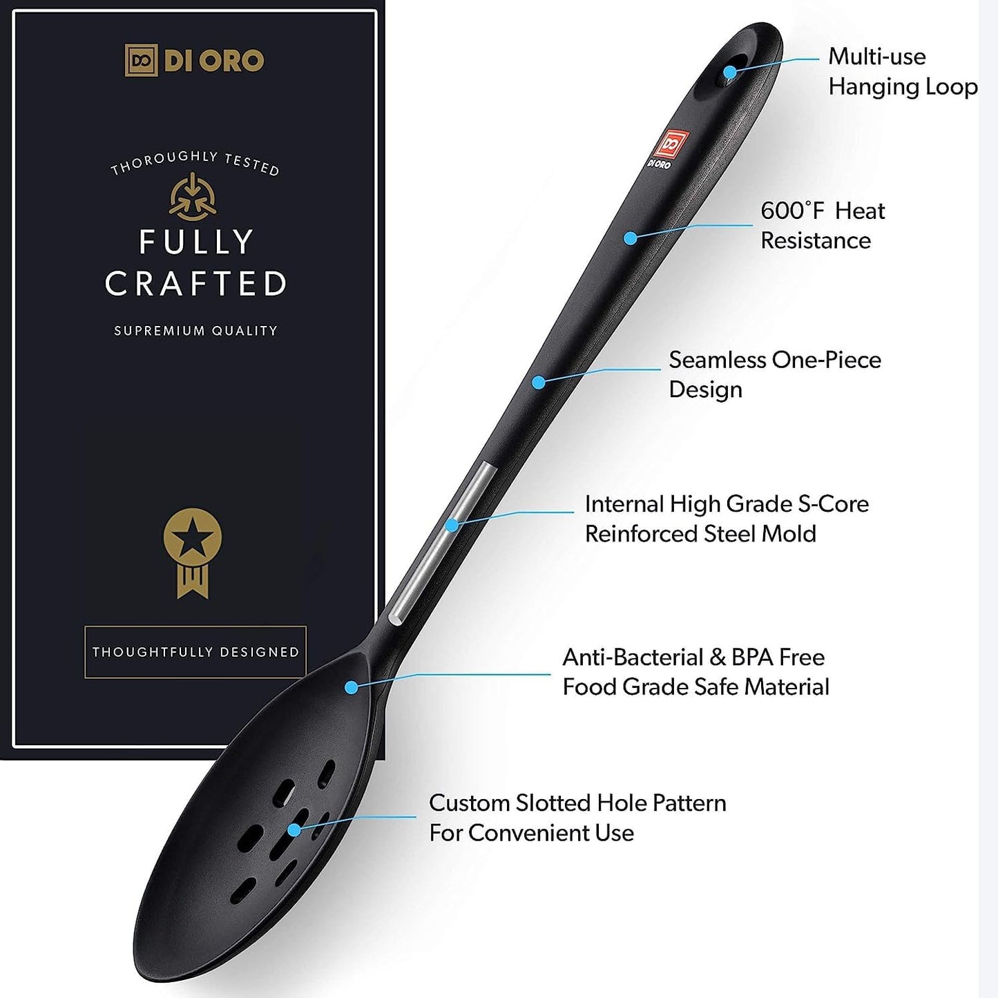 DI ORO Silicone Slotted Spoon - High Heat Silicone Spoon for Cooking & Serving - 600F Nonstick Safe - Dishwasher Safe (Black)