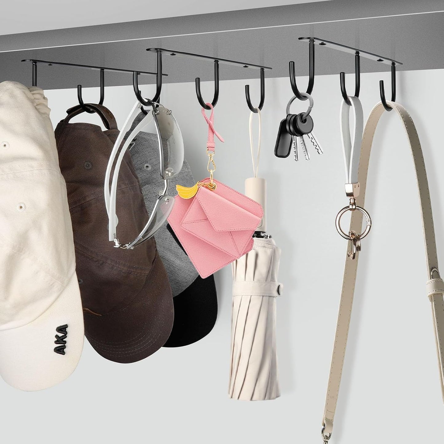 3pcs Under Cabinet Mug Hooks,Adhesive/Screw 2 Ways Install Mug Holder,Coffee Cups Hook with 9 Hooks,Mug Organizion Rack for Displaying Mugs/Cups/Kitchen Utensils (Black)