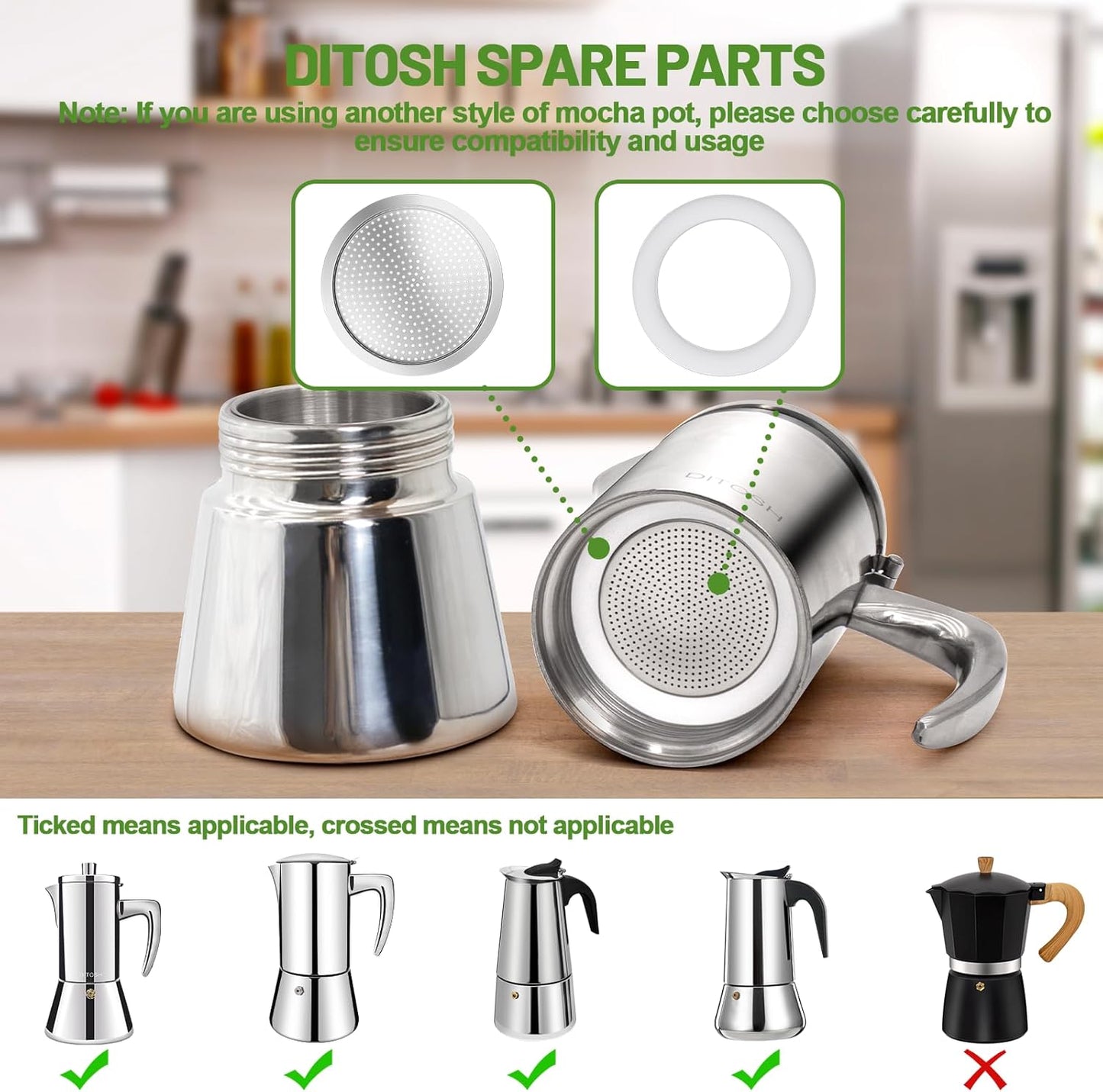 2 Pcs Filter with 3 Pcs Silicone Gasket Seals for 4 Cup Stovetop Espresso Coffee Maker Replacement Parts for 304 Stainless Steel Moka Pot