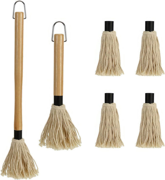 GEEKHOM Grill Basting Mop, Grilling Basting Mops Brushes with Long Wood Handle and Replacement Heads BBQ Sauce Brush for Barbecue Baking Smoking Roasting Steak Cooking, 18+14inch