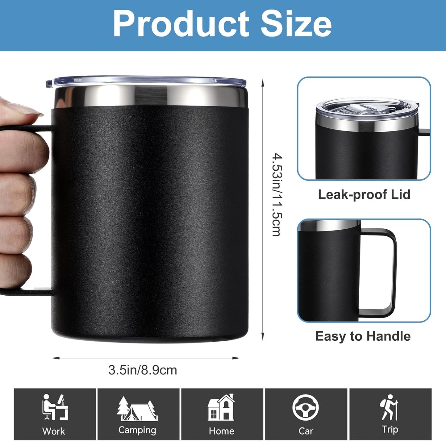 12 oz Insulated Coffee Mug Bulk with Handle, Stainless Steel Travel Coffee Mug with Lid, Double Wall Vacuum Metal Coffee Cup, Coffee Tumbler Powder Coated, Black 4 Pack