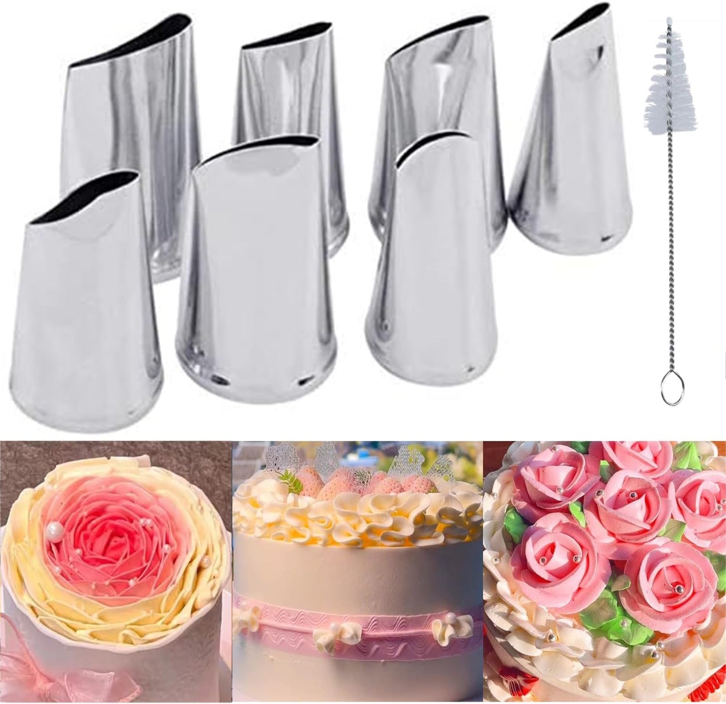 8 Pcs Rose Flower Piping Tips Set,Petal Icing Tips,PipingRose Nozzle,Stainless Steel Cake Decorating Pastry Tools, for CakeDecorating,with A Cleaning Brush (Rose-8pcs)