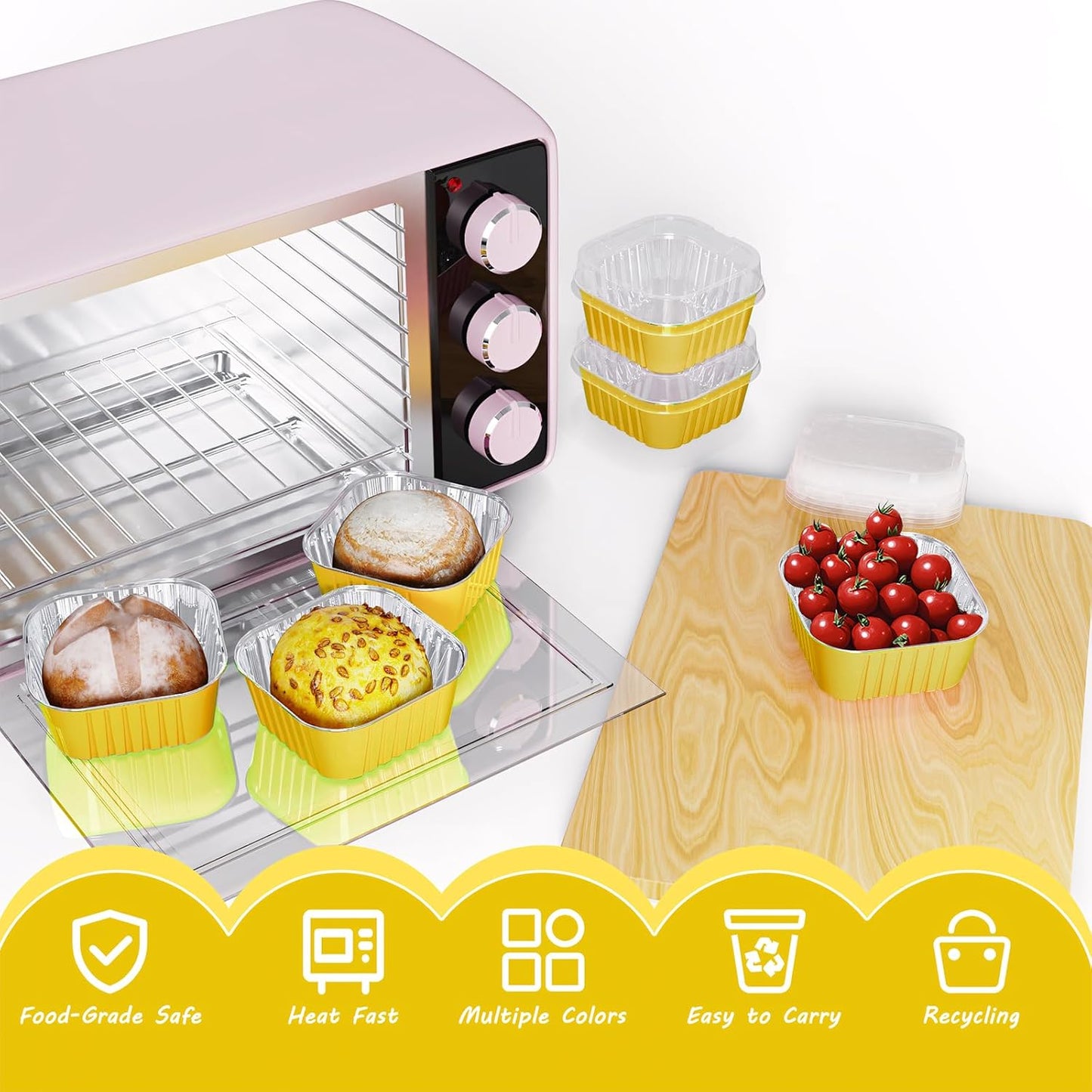 25 Pack Square Mini Cake Pans with Lids,Mini Loaf Pans with Lids,Aluminum Foil Baking Cups,Disposable Ramekins Cupcake Cups,Dessert Cups for Wedding Birthday Party Picnics,5oz (Gold)