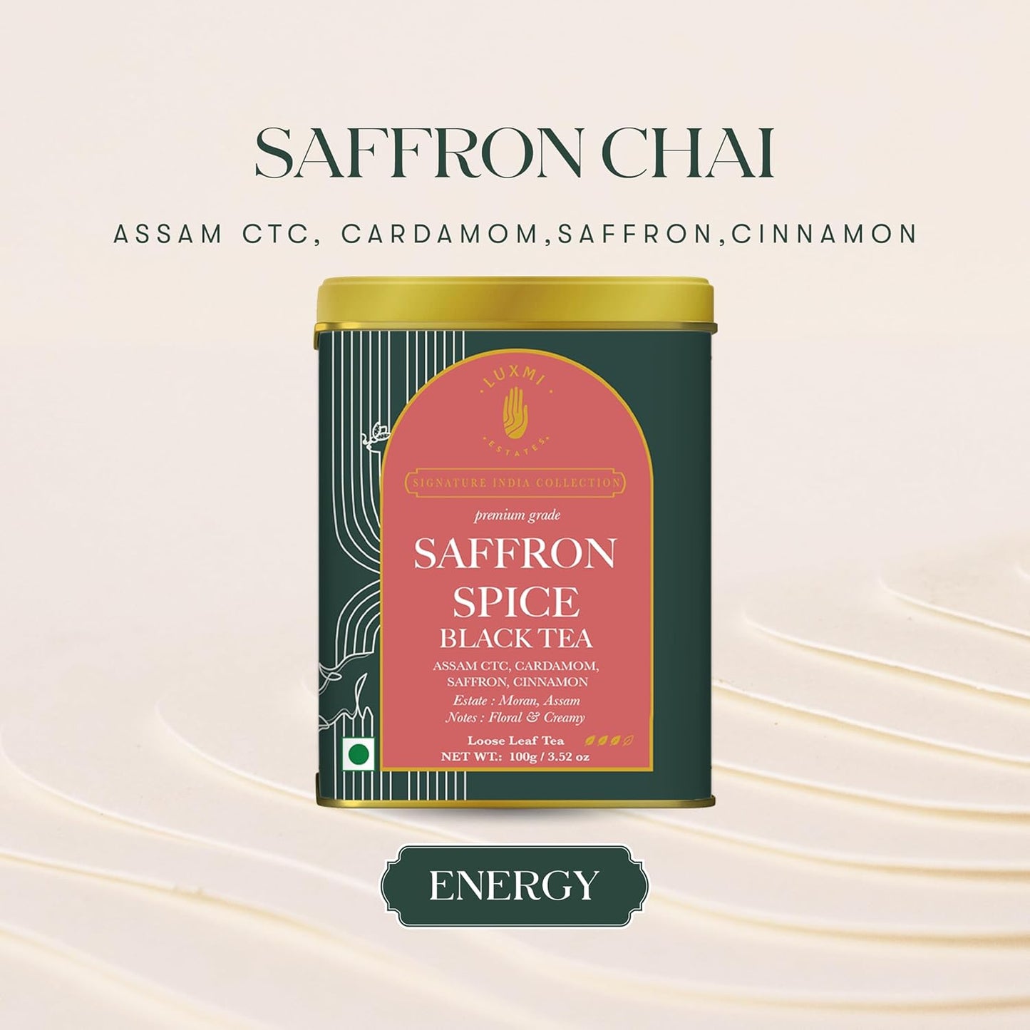 Luxmi Estates Saffron Chai | 100 gm | Signature India collection | Assam CTC Tea | Black tea collection | Saffron chai Organic Strong tea | Antioxidants | Assam Valley tea | Kashmiri Saffron, Cinnamon, Natural Cardamom Extract