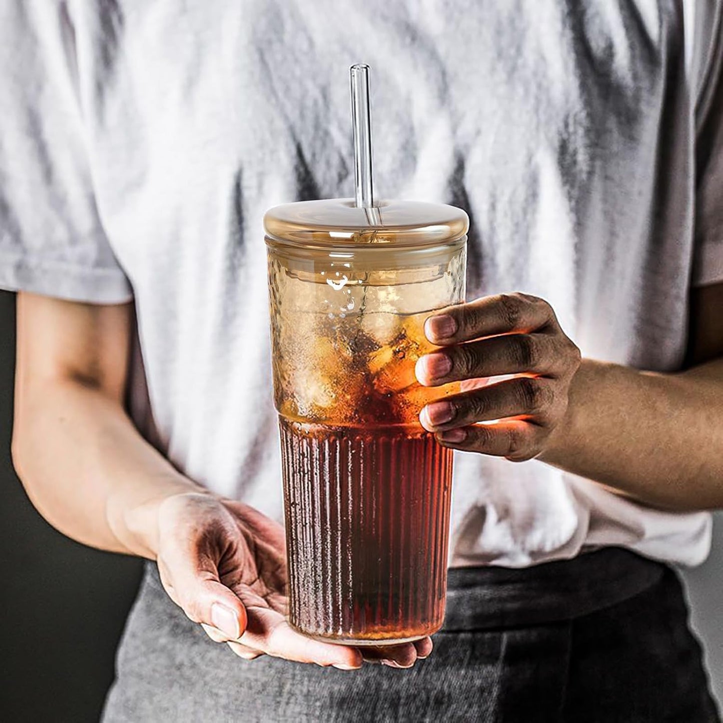 Glass Cups with Lids and Straws, Amber 20 OZ Iced Water Glasses Tumblers for Ice Juice, Tea, Milk, Smoothie and Cold or Hot Drinks, Set of 2