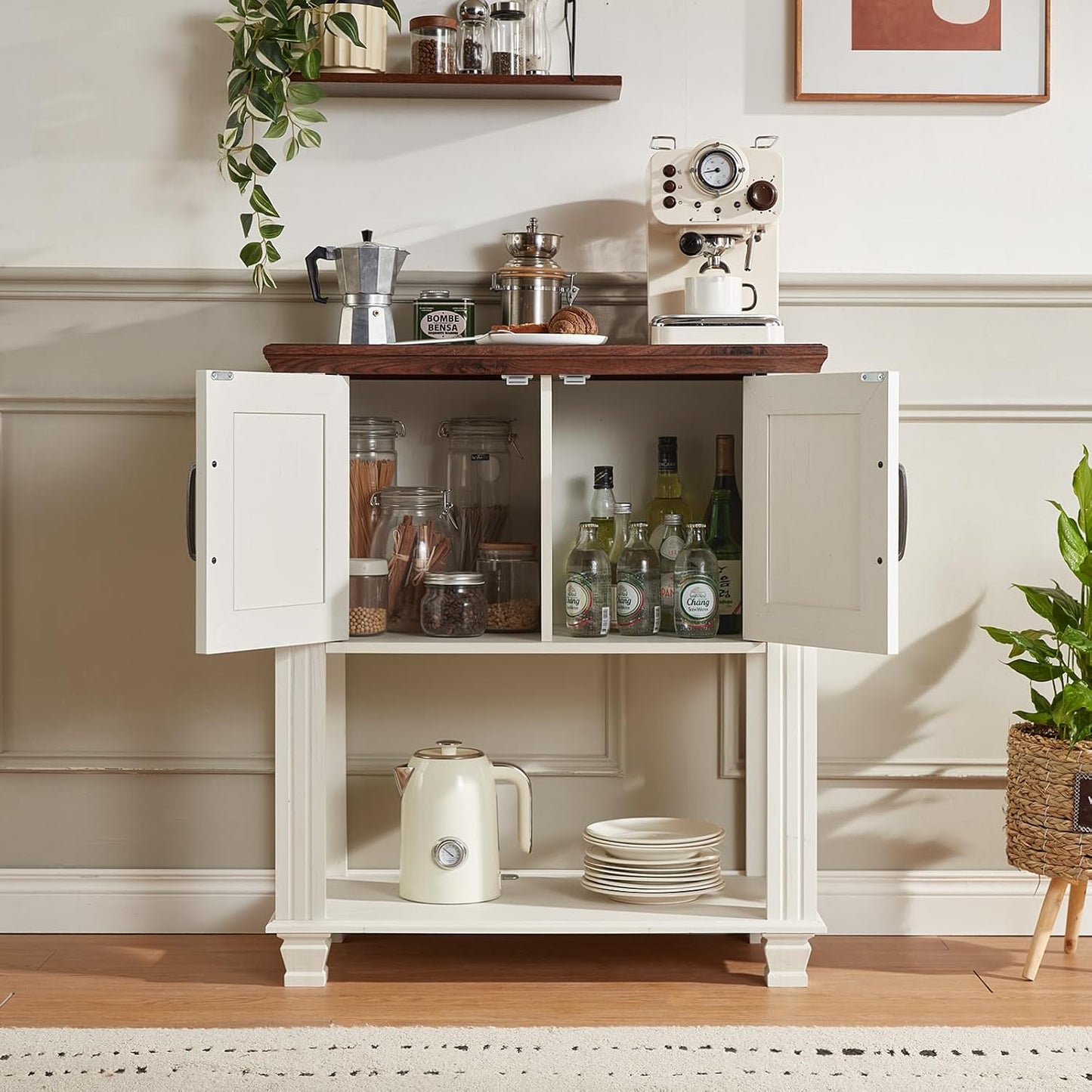 Farmhouse Coffee Bar Station with 2-Door Cabinet, Small Kitchen Cabinet with Open Lower Shelf, Entryway Table with Storage for Dining Room, Kitchen, Hallway, Living Room, White