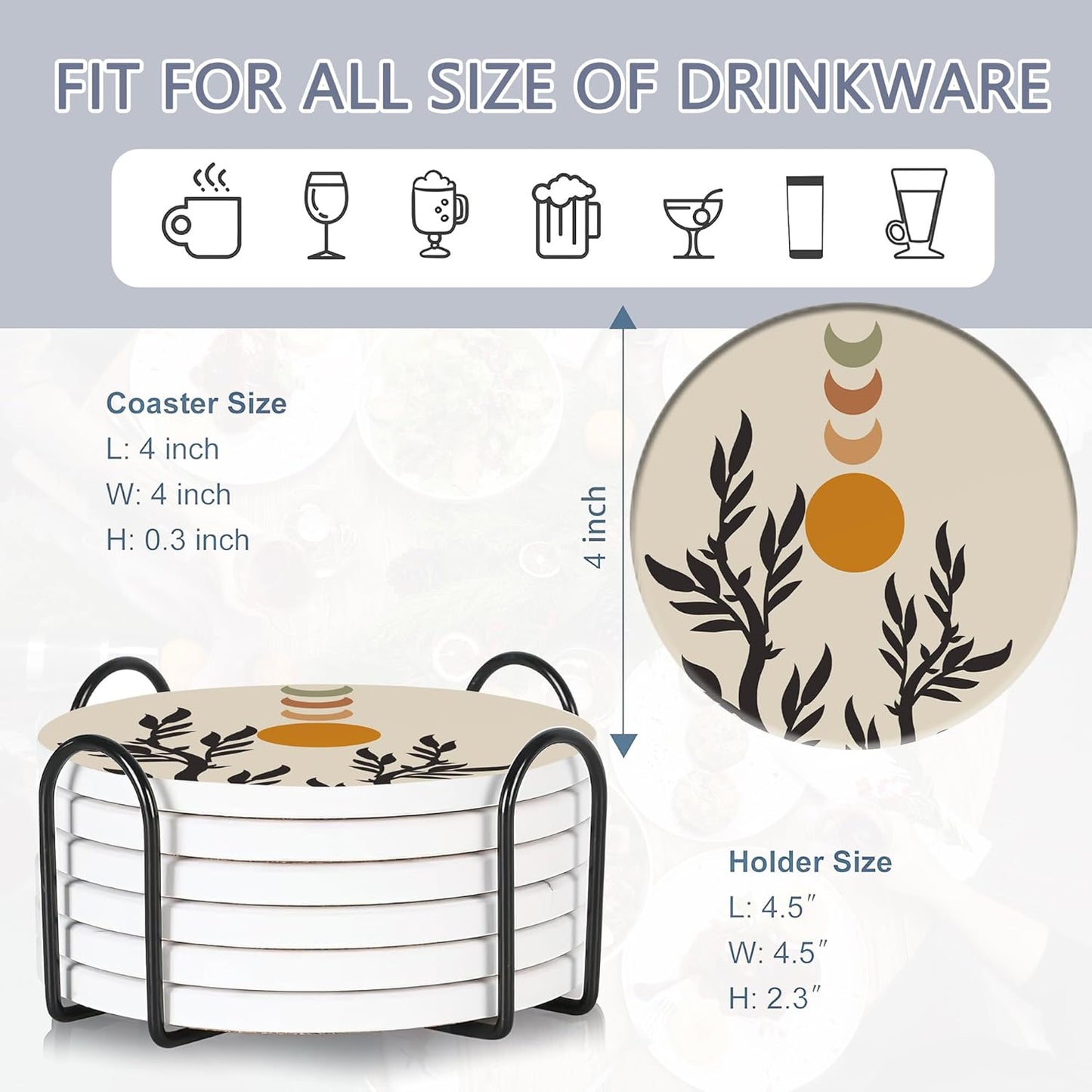 Drink Coasters Set of 6 with Holder, Abstract Boho Sun Leaves Absorbent Ceramic Coasters with Cork Base,Fit All Cups,Great Gift for Housewarming,Room Decor,Bar,Holiday Party