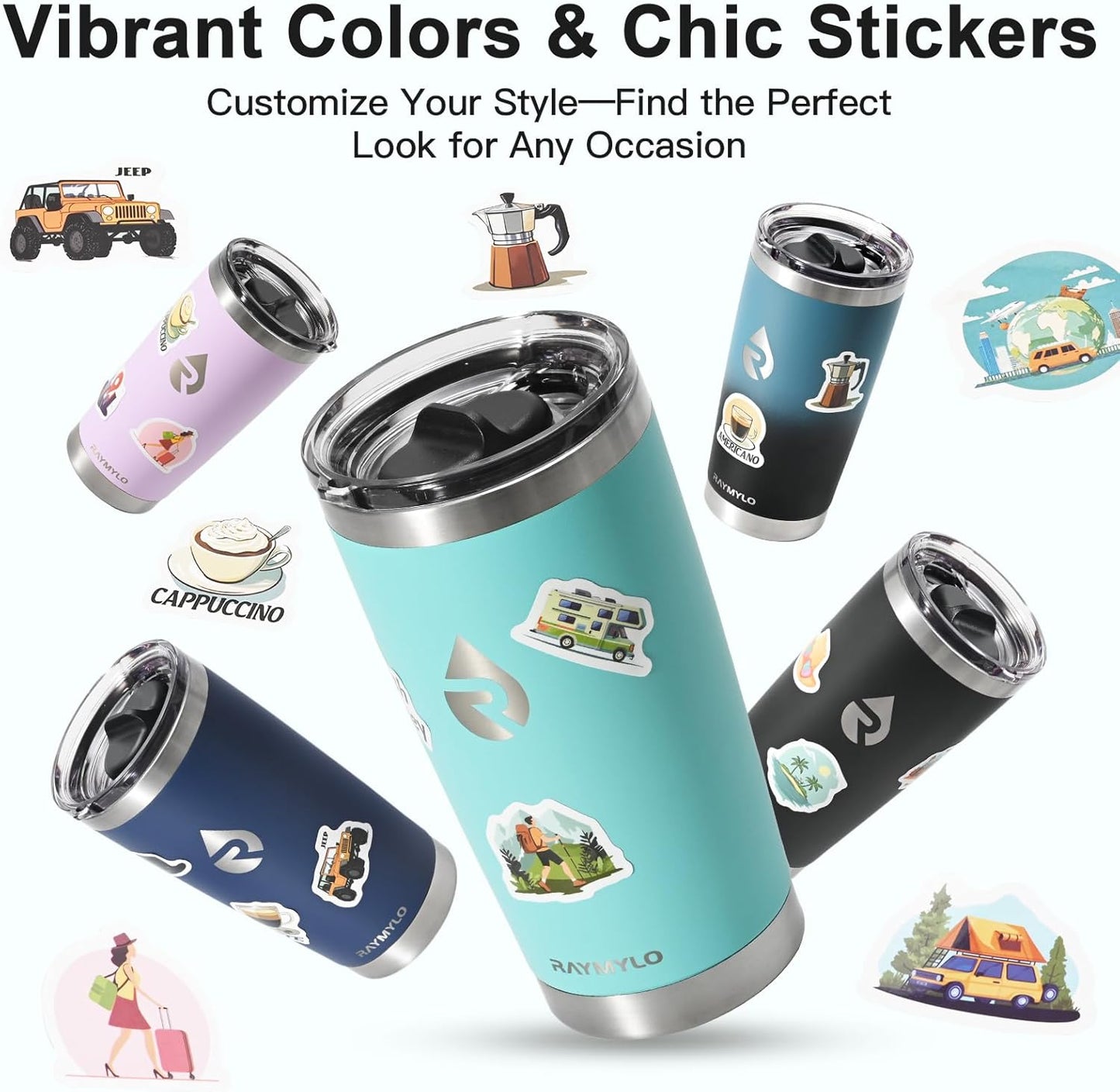 20 oz Coffee Tumbler - Insulated Stainless Steel Travel Mug for Hot/Cold, Spill Proof with BPA-Free Detachable Lid, Coffee Cup Fits Most Car holder, Includes Chic Stickers, Seafoam