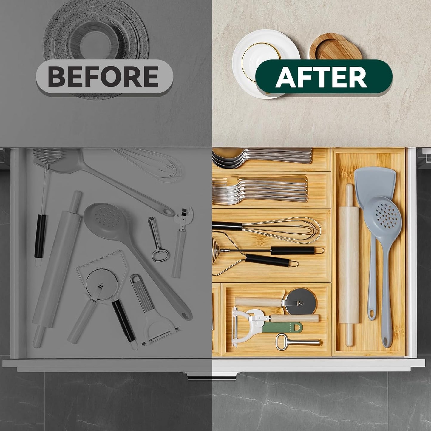 Bamboo Drawer Organizer - Silverware & Utensil Organizer, Stackable, 2 Pcs, Wooden Storage Box Tray (Bamboo, 12 X 6 X 2 Inch)