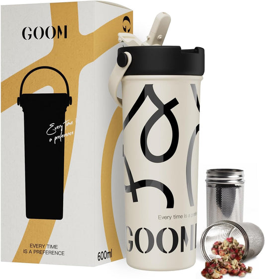 GOOM 20 oz Spill Proof Tumbler with Lid and Straw, Top Handle, Extended Tea Infuser, 6-Layer Insulation 18/10 Stainless Steel, Christmas Gifts for Mom Women Man Her, Teacher Gifts - White