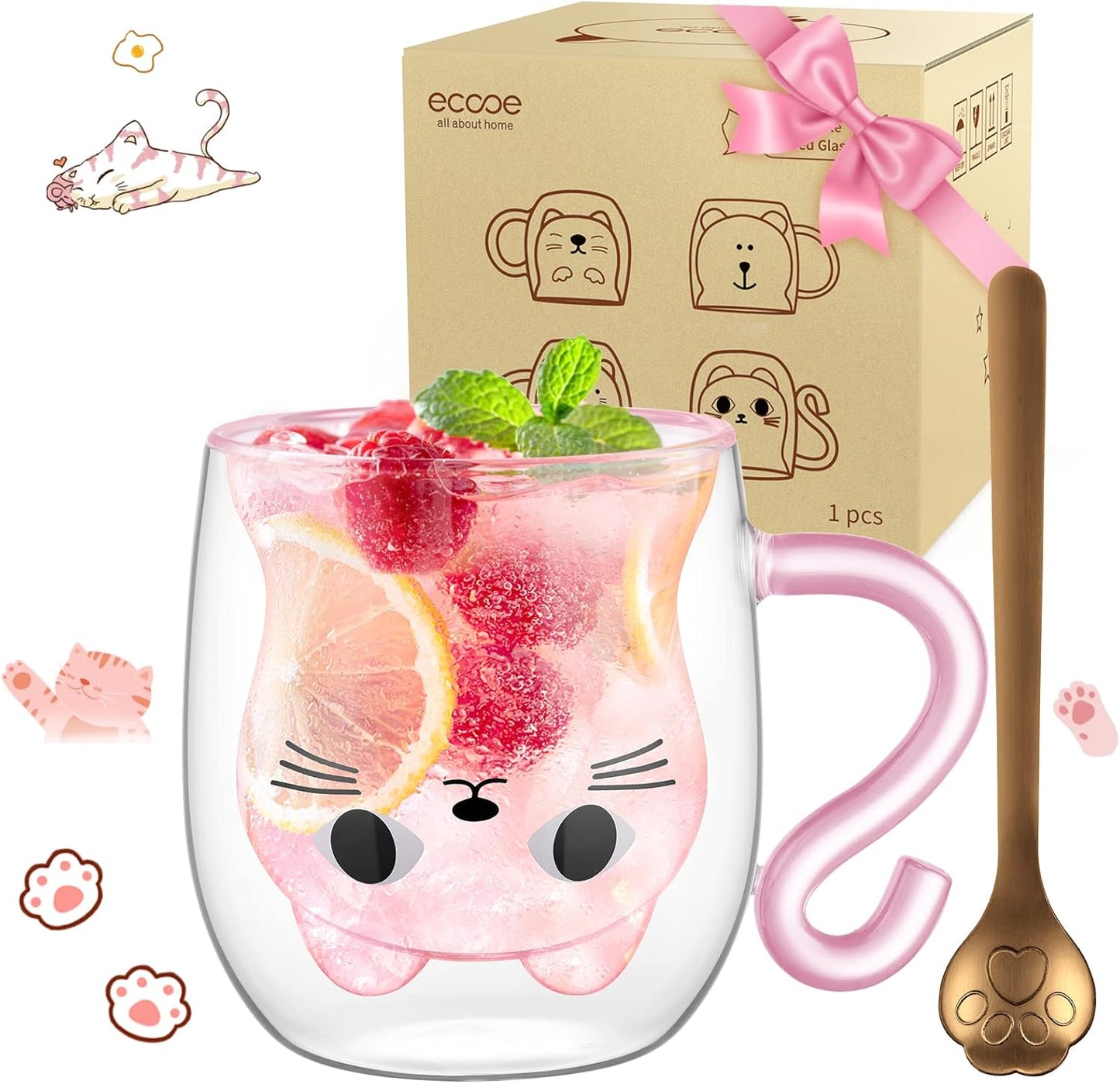 ecooe Cute Cat Mug Double Walled Glass Mug 290ml Coffee Cup Cappuccino Latte Glass Cup with Handle and Spoon, Clear Glass Coffe Mug Tea Cup Cat Birthday Christmas Gifts for Women Kids Girls Friends