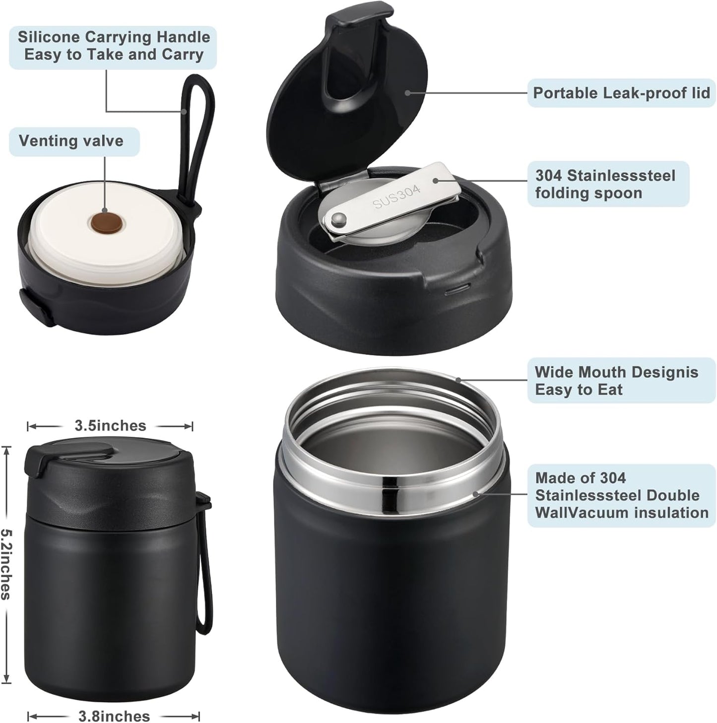 17oz Soup Thermo for Hot Food Kids,Insulated Food Jar with Spoon,Thermo Hot Food Lunch Container,Wide Mouth Leakproof Stainless Steel Lunch Box for School-Black