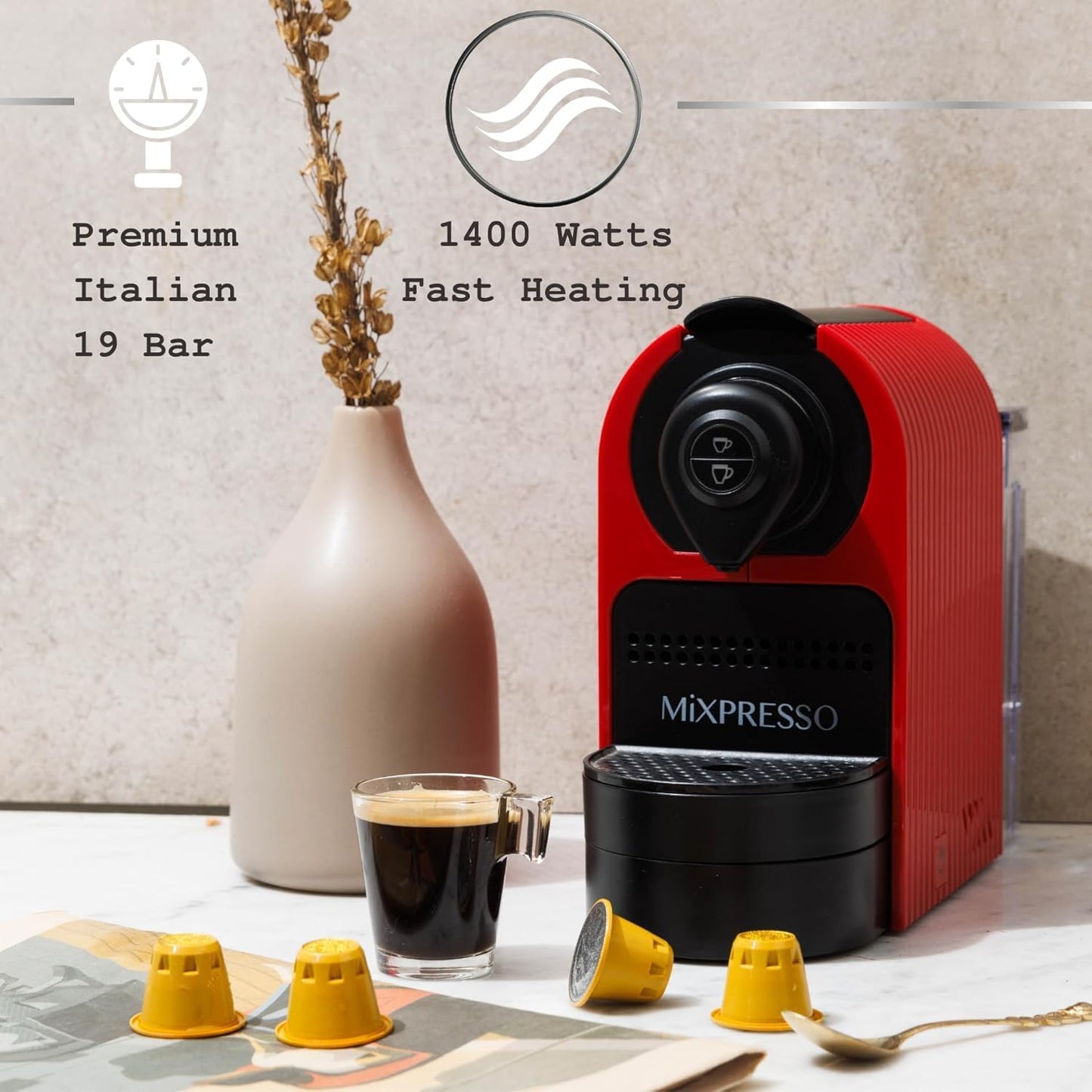 Mixpresso Red Espresso Coffee Machine – Compact 1400W Single Serve Coffee Maker Compatible with Nespresso OriginalLine Capsules, One-Touch Operation, 19-Bar Italian Pump, 27oz Water Tank